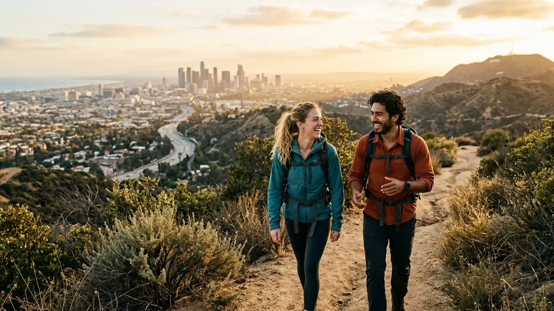 Young couple hiking on a scenic LA trail at golden hour with downtown Los Angeles skyline in the background