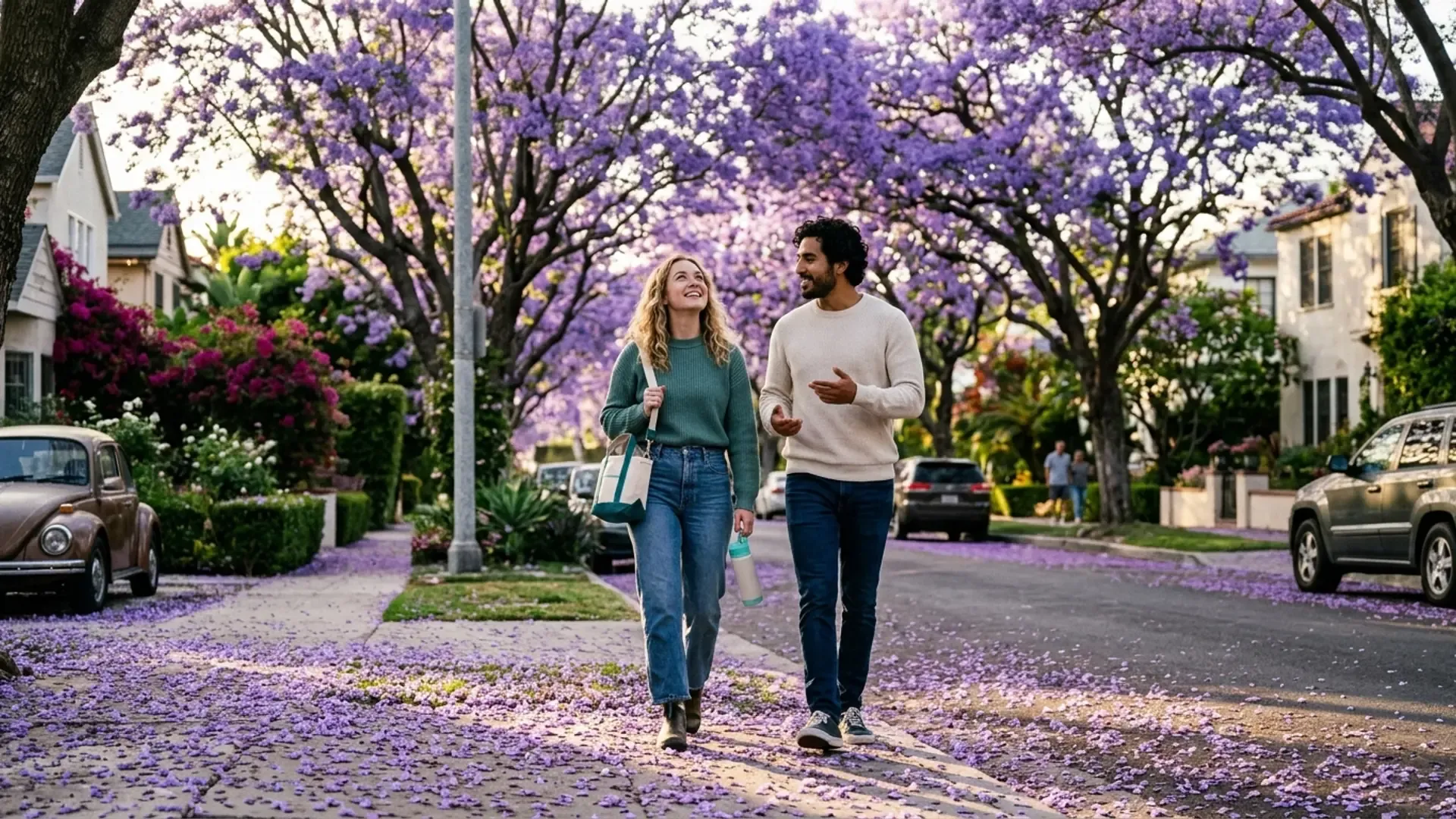 Young couple walking slowly beneath a full purple canopy of blooming jacaranda trees on a quiet residential Westwood street in Los Angeles during golden hour, petals carpeting the sidewalk