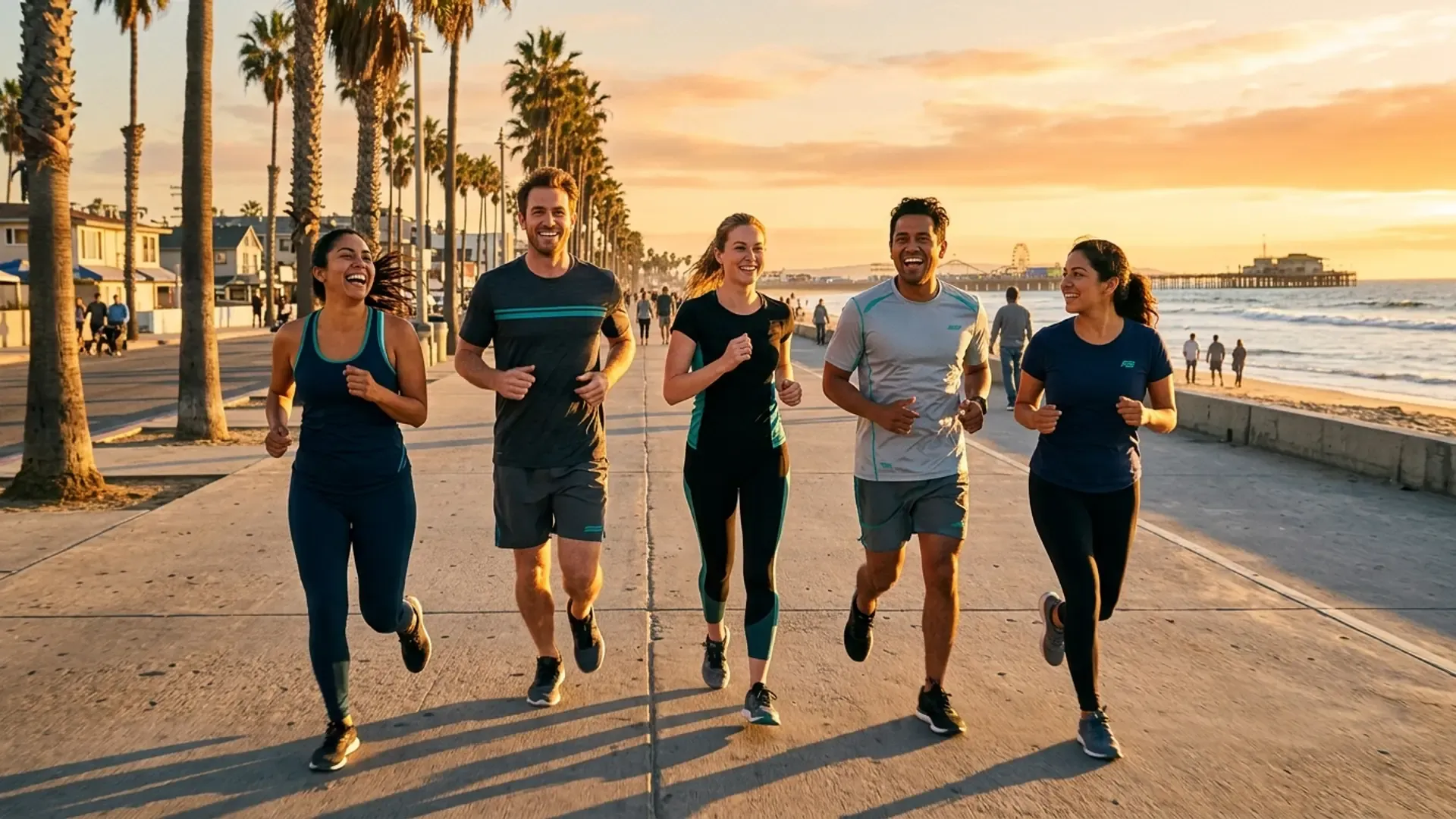 Group of friends running together along the Venice Beach boardwalk in Los Angeles at golden hour, laughing and connecting through shared activity