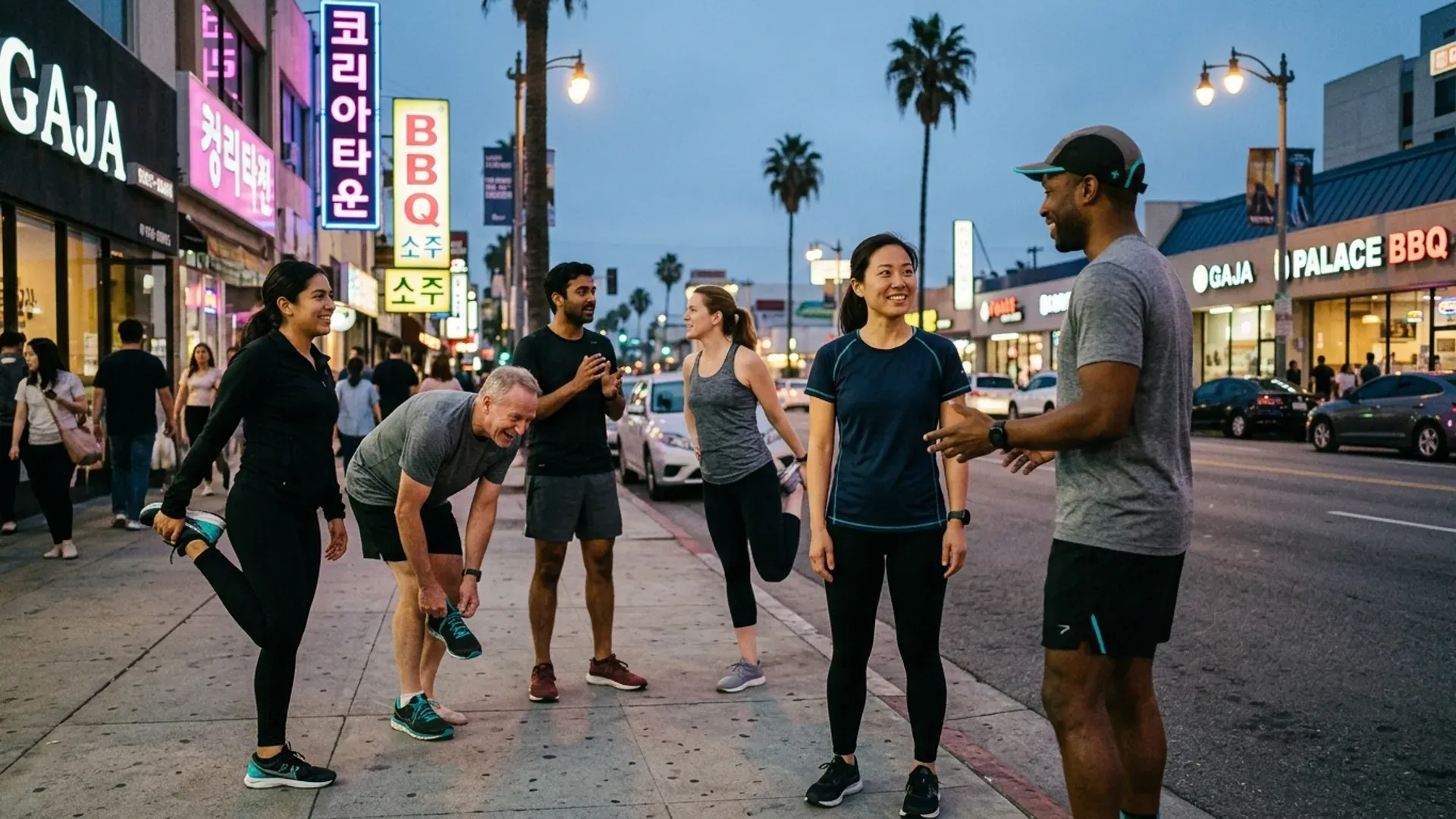 A newcomer to Los Angeles joining a run club of mixed friendly runners at dusk on a Koreatown street, hesitant but welcomed, capturing the first real moment of belonging in a new city