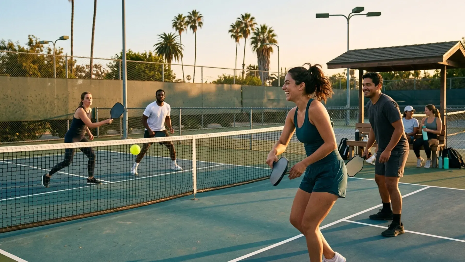 Mixed doubles pickleball game in progress on an outdoor LA public court at golden hour, four players in their late 20s in the middle of a point with palm trees and spectators on a shaded bench nearby