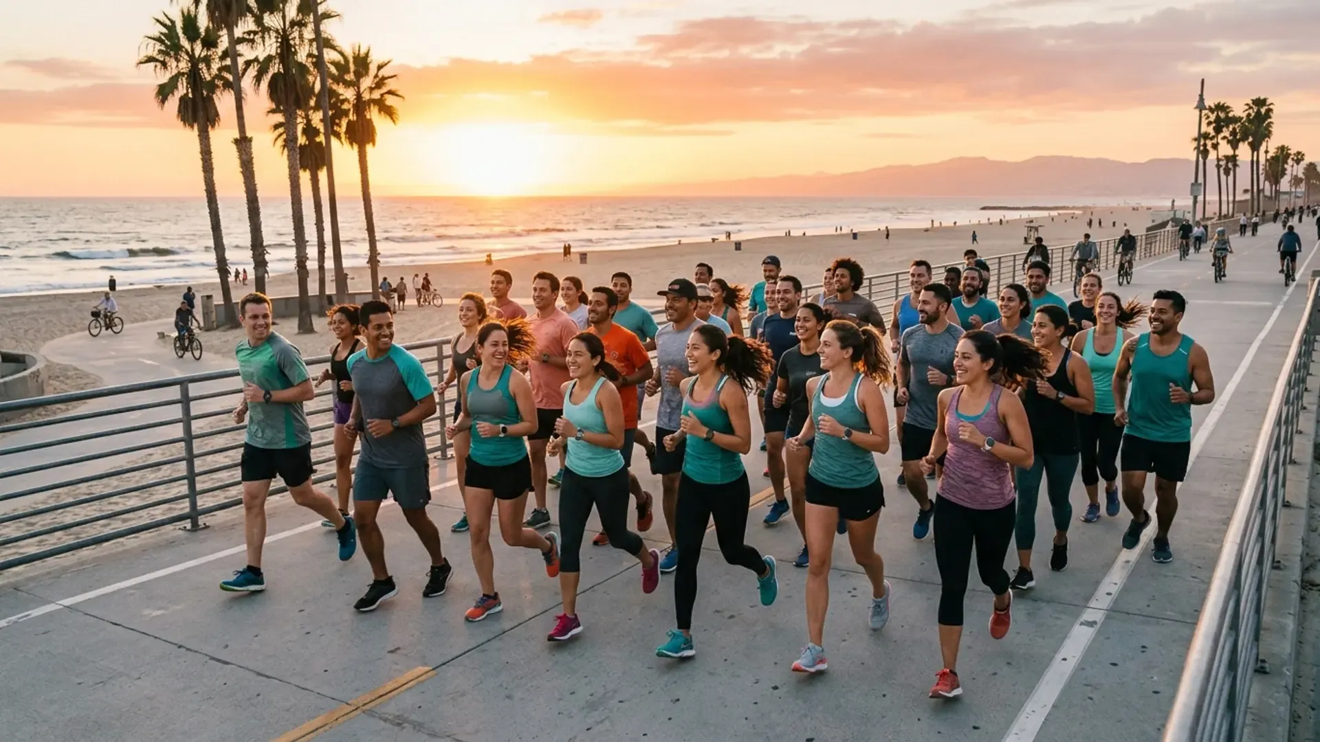 Diverse group of runners jogging together along the Venice Beach boardwalk in Los Angeles at golden hour sunset