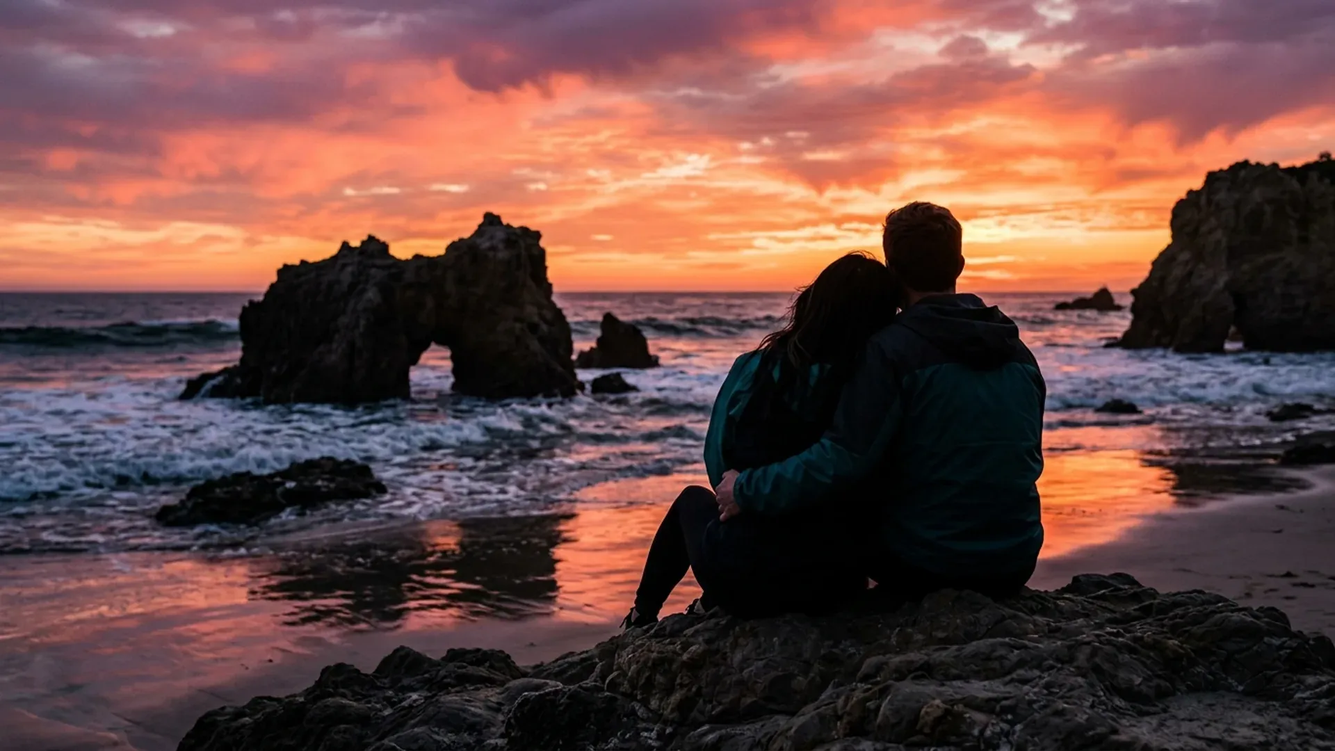 A couple sitting on a rock at El Matador State Beach in Malibu silhouetted against a dramatic orange and pink Pacific sunset, with sea stacks and waves in the foreground — the iconic Los Angeles golden hour date