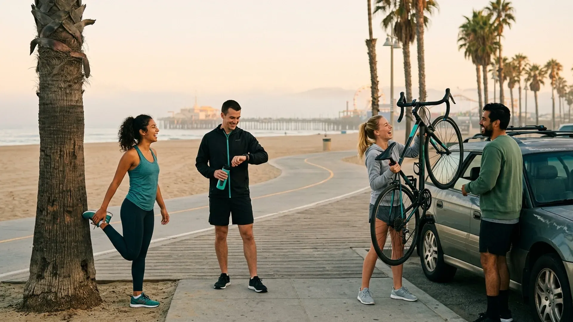 Small group of diverse runners and cyclists in their late 20s stretching on the Venice Beach boardwalk at sunrise, with the Santa Monica pier in the background — casual LA morning training meetup