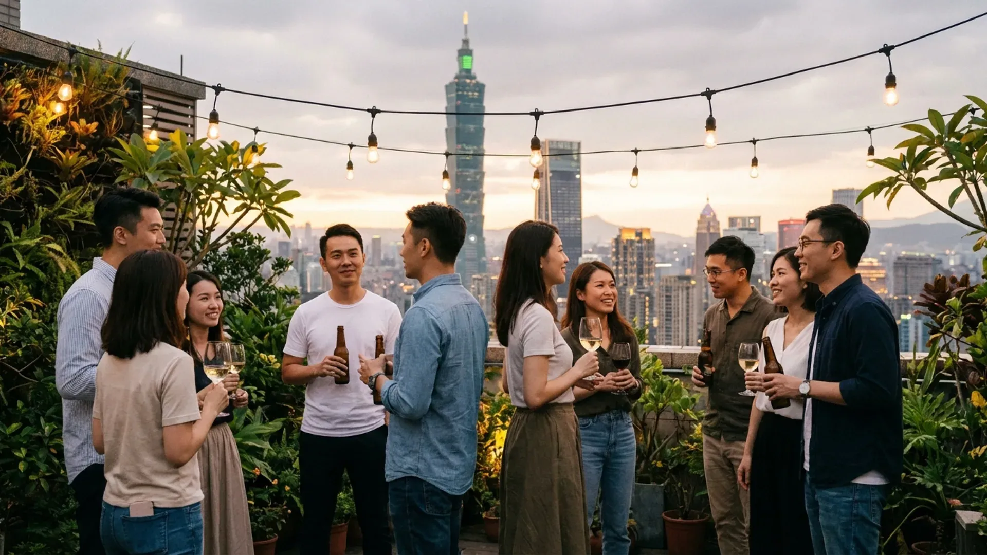 30 多歲的成年人在屋頂露台社交聚會，輕鬆認識新朋友