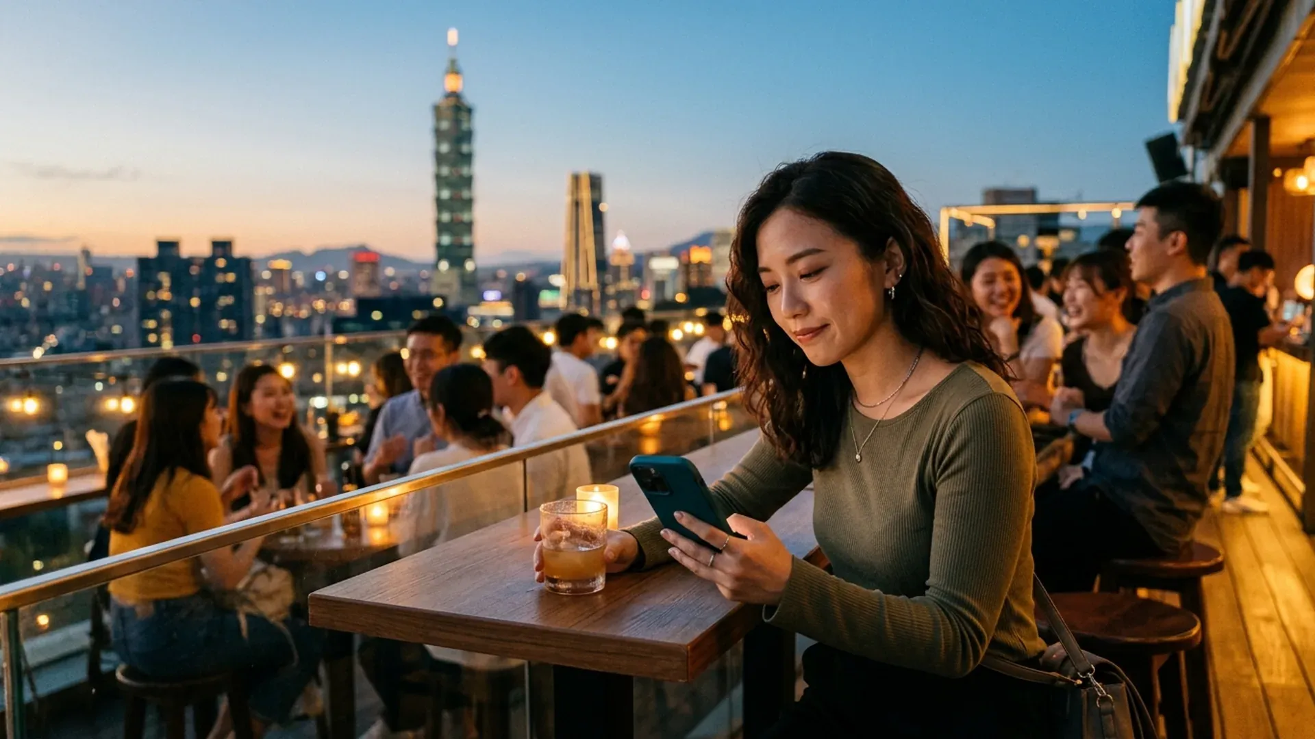 台北屋頂酒吧黃昏，一位年輕亞洲女性獨自滑手機帶著疲倦的半微笑，背景是 101 夜景和正在熱絡聊天的朋友群——E 人在熱鬧社交場合卻獨自滑卡的反差心理學