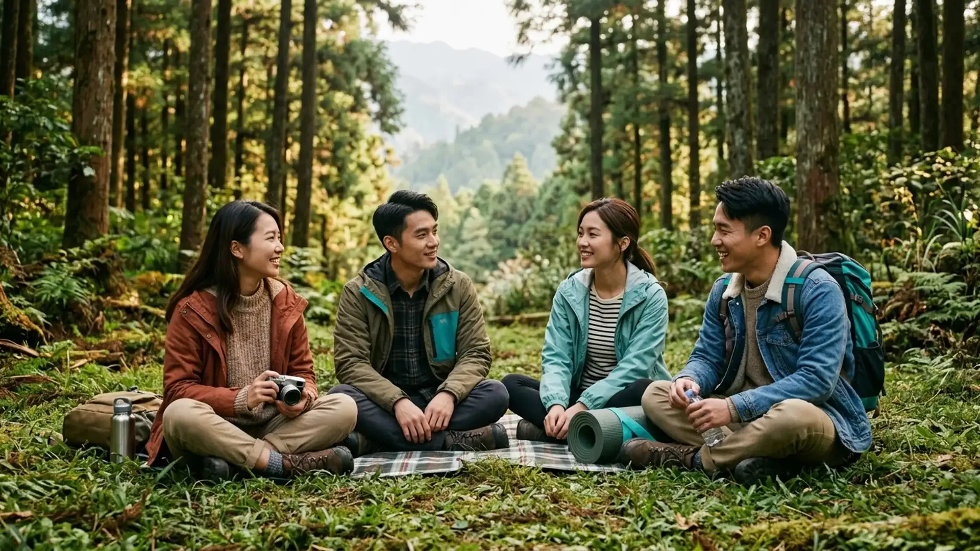 四位年輕亞洲朋友坐在台灣森林中的草地上自然交談，陽光灑落樹林間