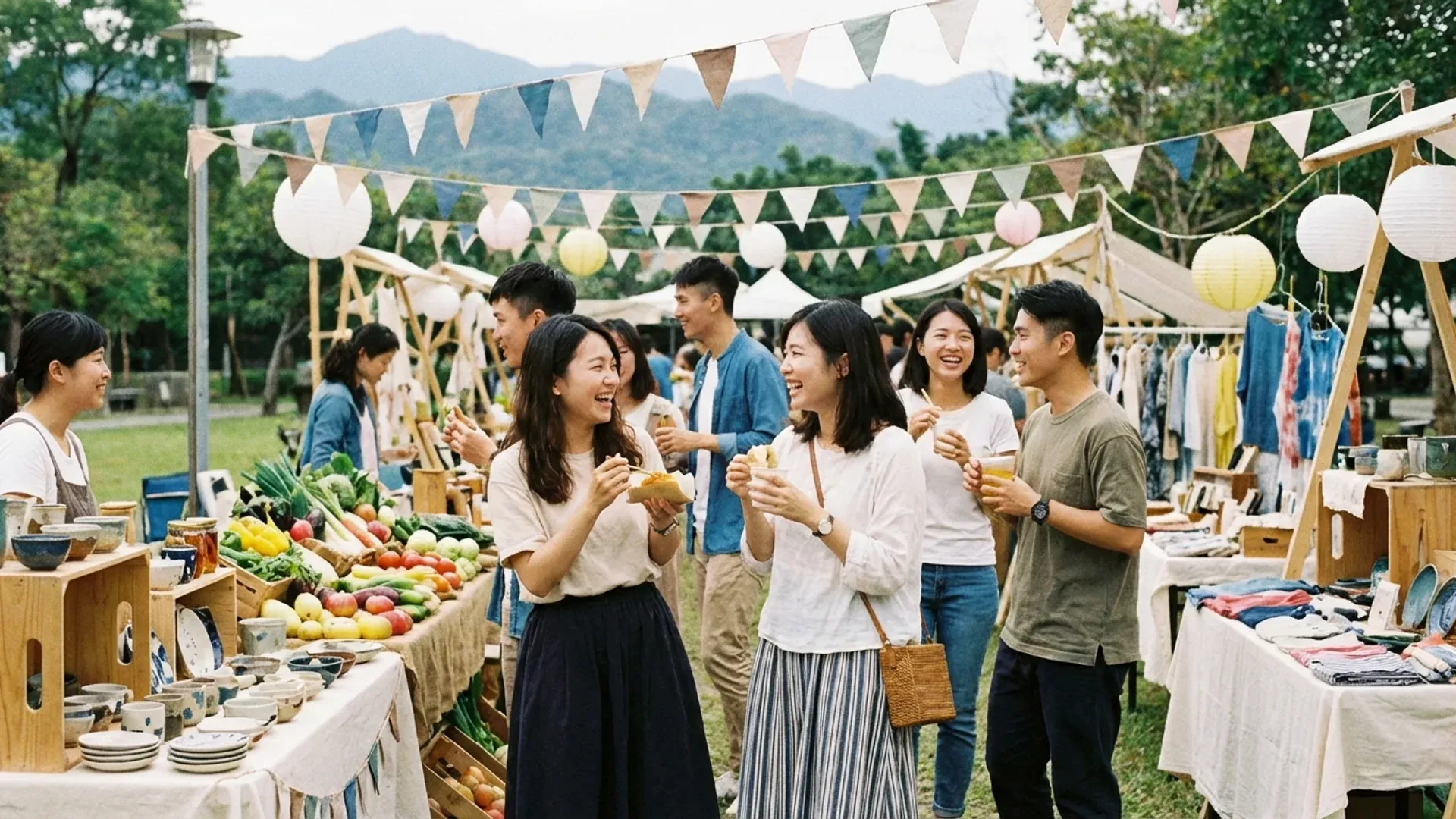 週末戶外市集中年輕人自然地與陌生人交談，社區活動氛圍