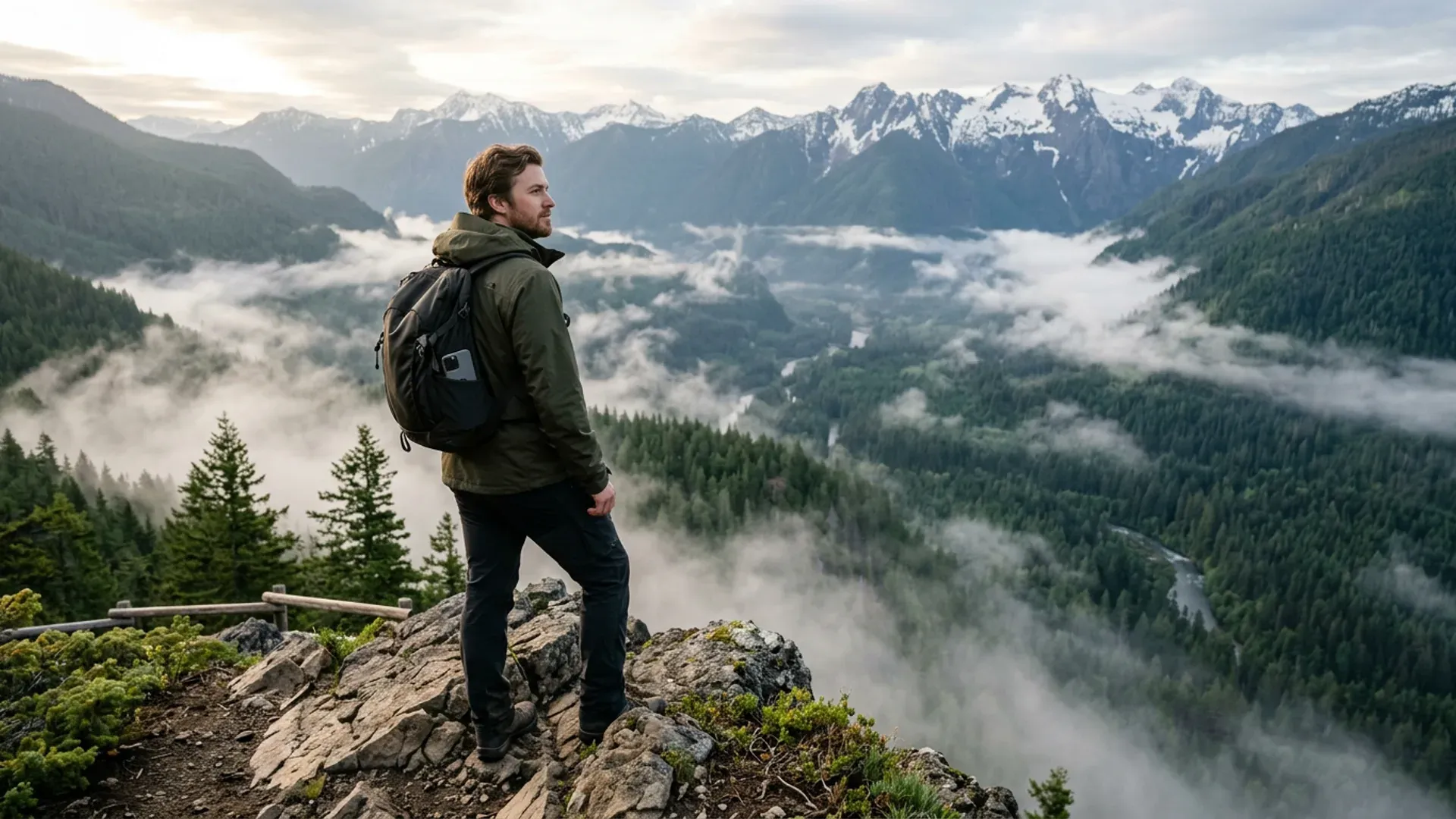 Young man at a mountain overlook, phone tucked away, choosing the outdoors over apps