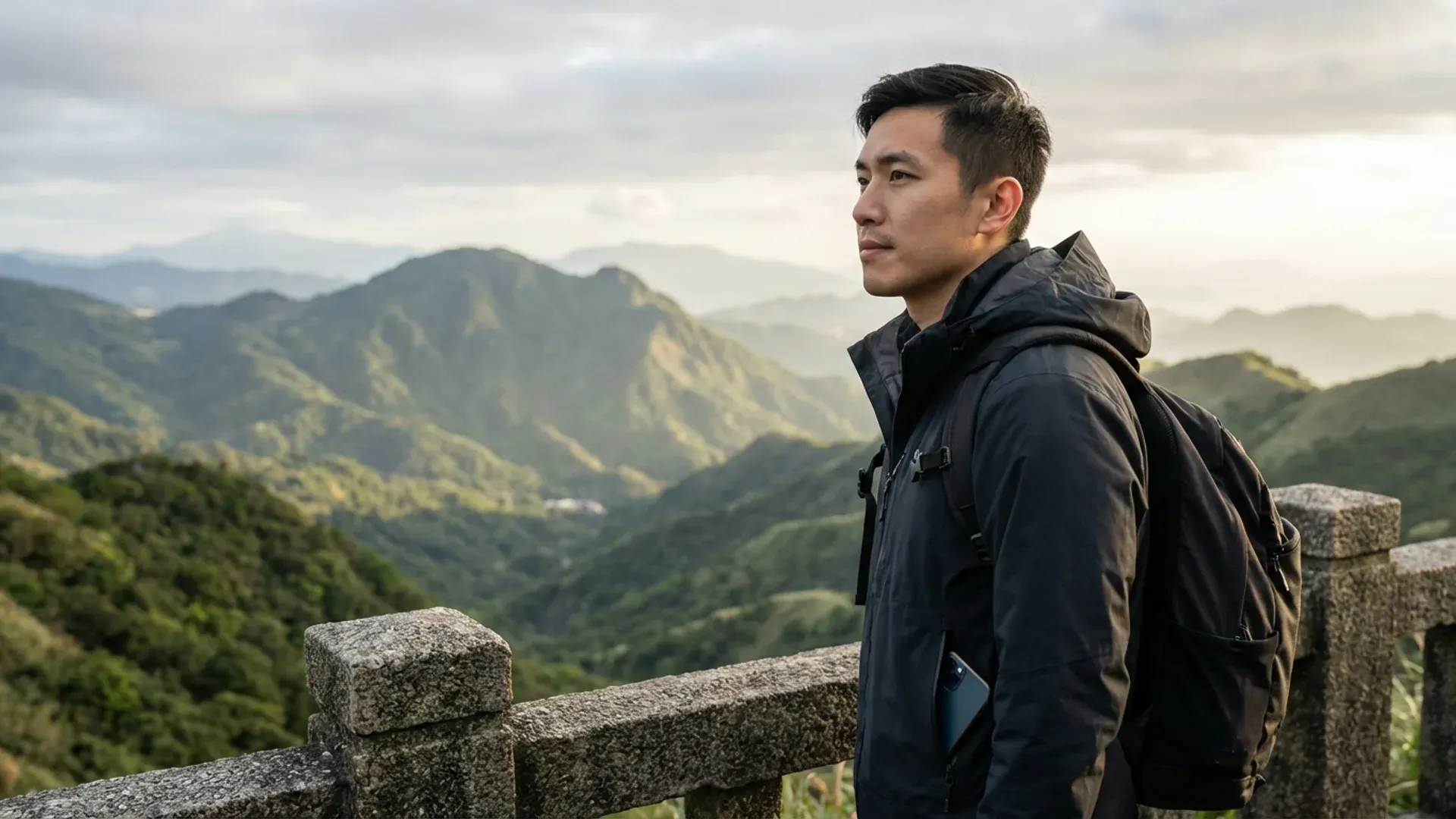 Young man at a mountain overlook, phone tucked away, choosing the outdoors over apps