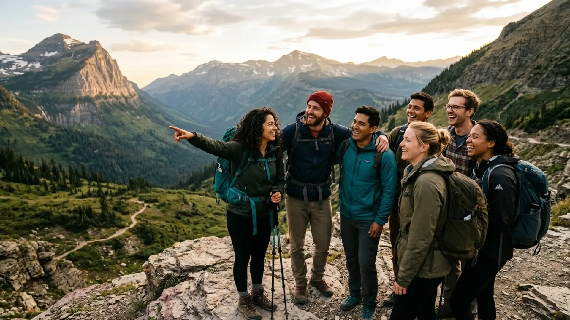 Diverse group of friends laughing together at a national park mountain overlook during golden hour