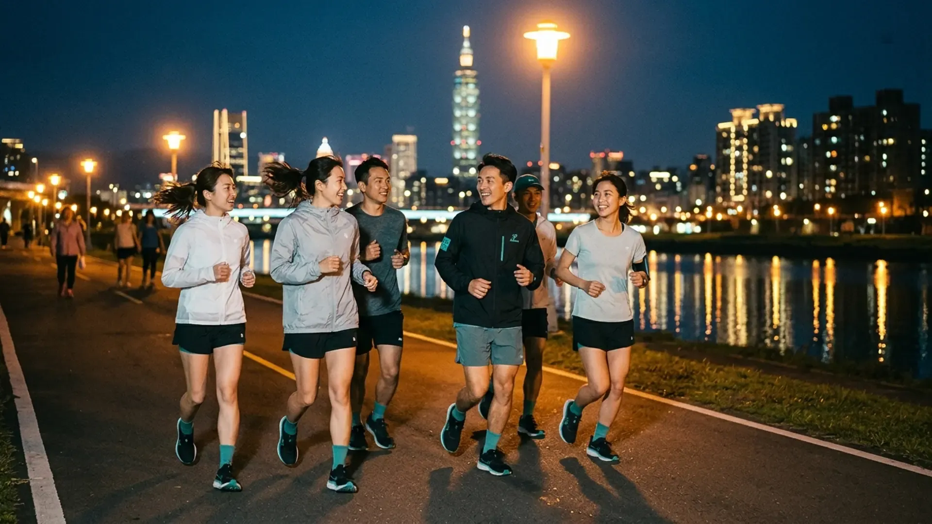 一群年輕跑者在台北河濱公園夜跑，背景可見101大樓夜景和河面燈光倒影