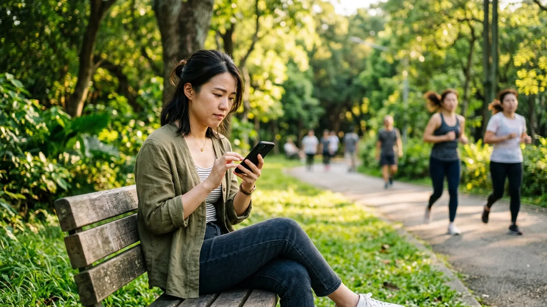 一位年輕女性坐在台北公園長椅上低頭看手機交友軟體，背景有人在綠意步道上跑步散步