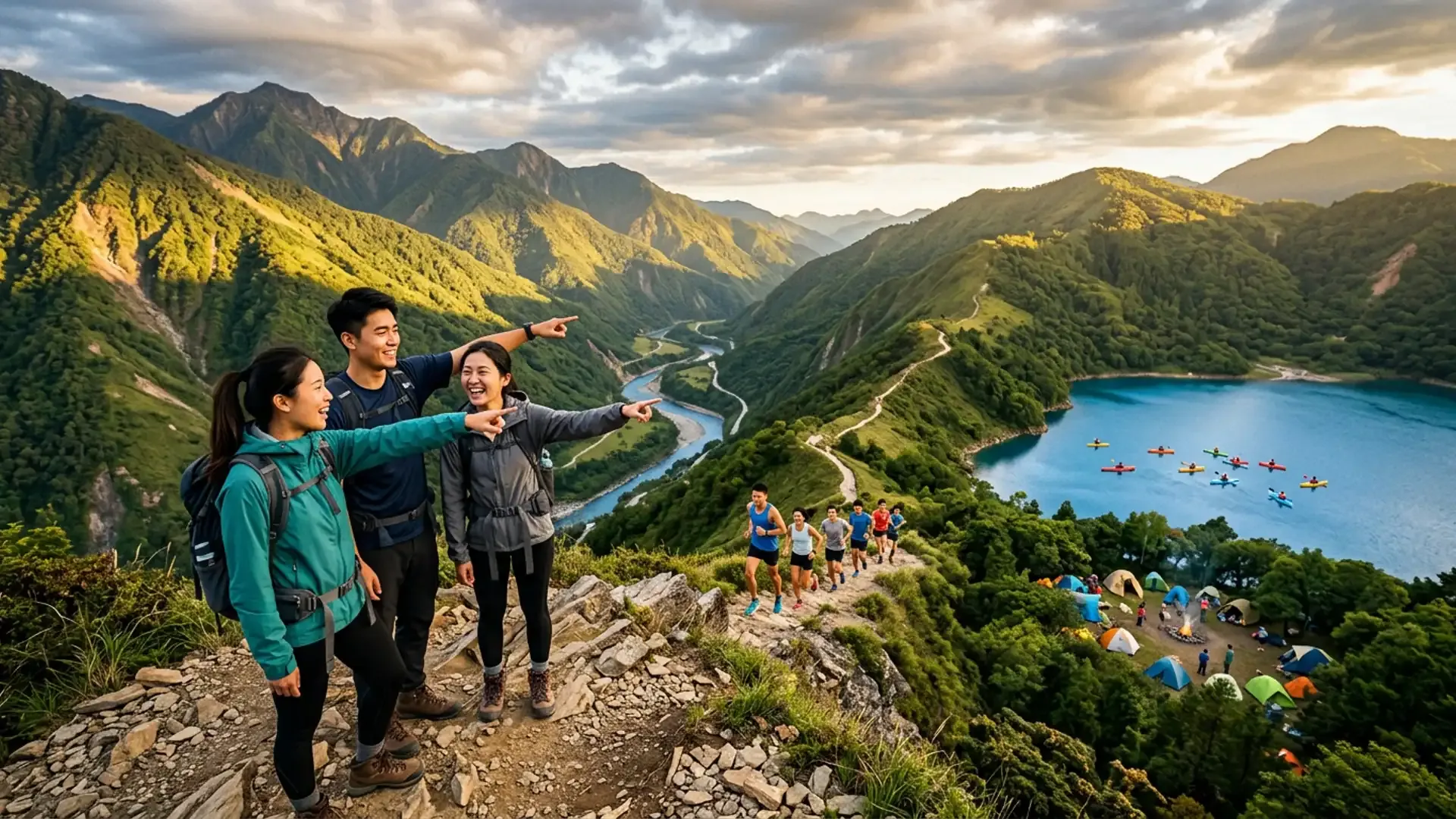 台灣山稜全景俯瞰多種戶外活動：健行、跑步、皮艇、露營，展現戶外交友的無限可能