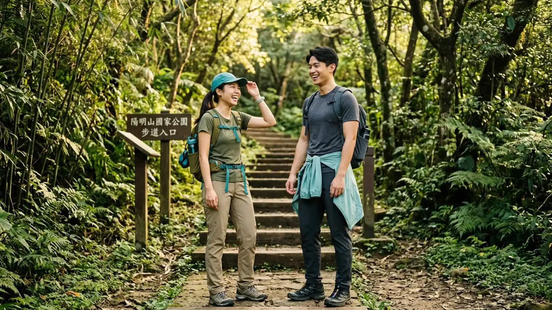 年輕亞洲情侶在台灣步道入口準備出發健行，穿著大地色系戶外穿搭
