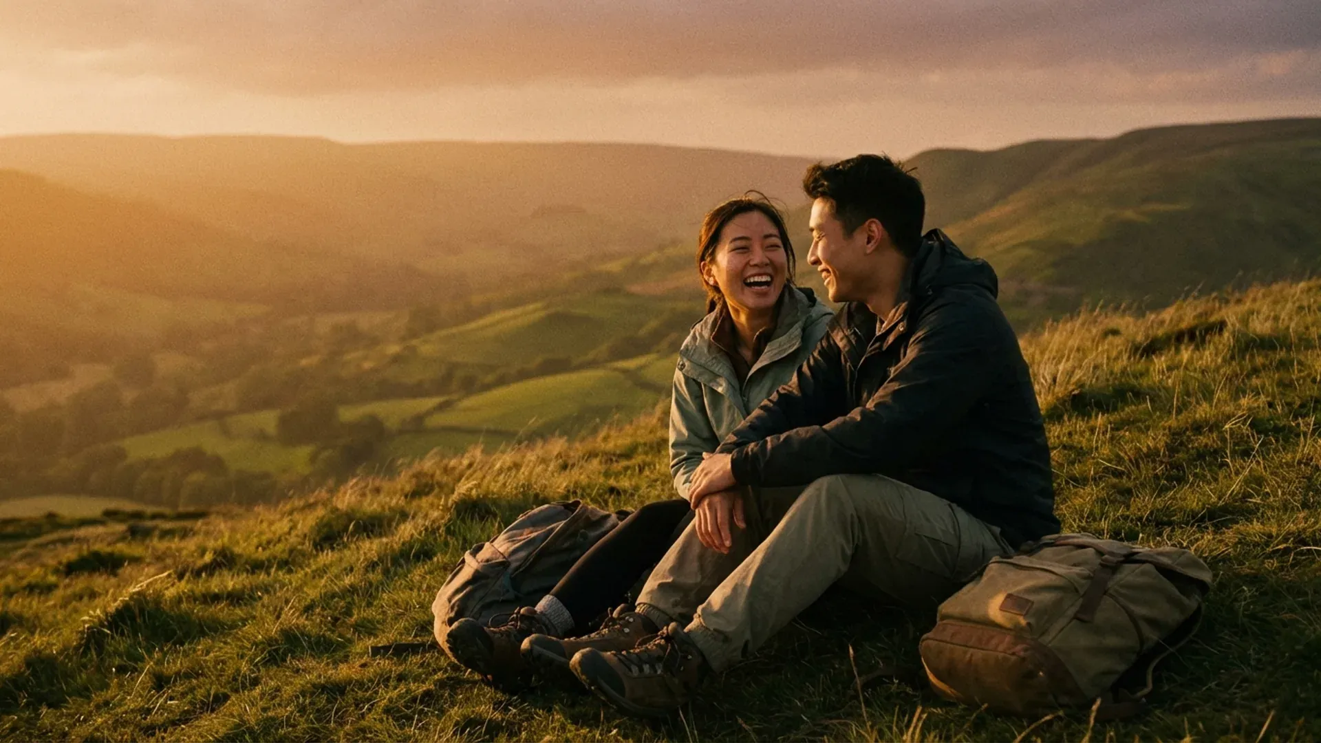 一對年輕情侶在夕陽下的山丘上自然交談歡笑，旁邊放著登山背包