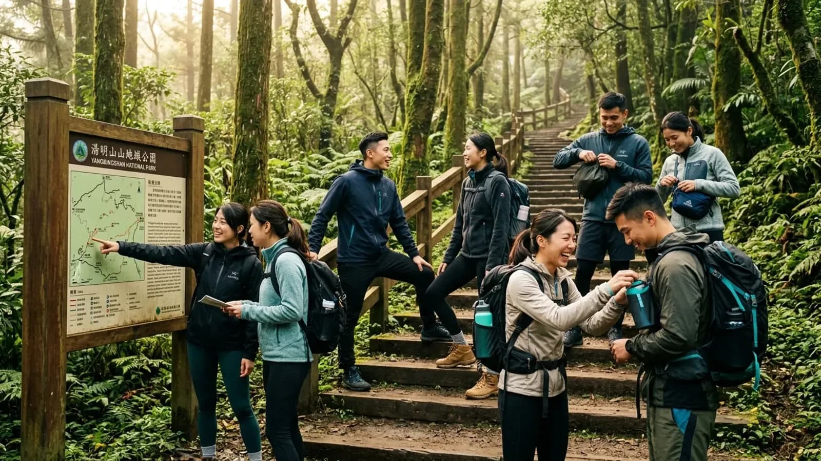 一群 8 位東亞青年朋友在台灣陽明山國家公園步道入口集合,有人指著地圖、有人調整背包、自然交談歡笑,準備一起出發揪團健行