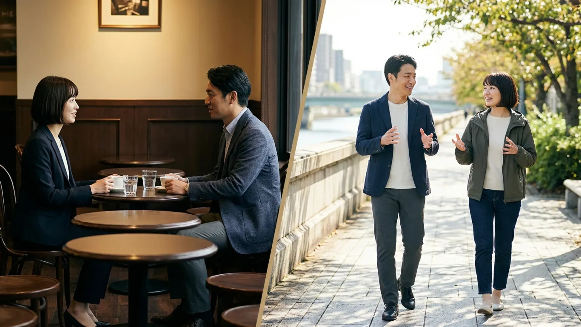 Science contrast: formal coffee shop date vs animated riverside walk conversation