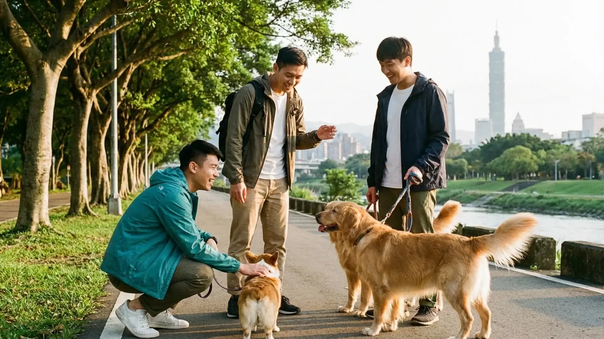 一群年輕人帶著狗狗在台灣海邊步道上散步交友，溫暖的午後陽光灑在海岸線上