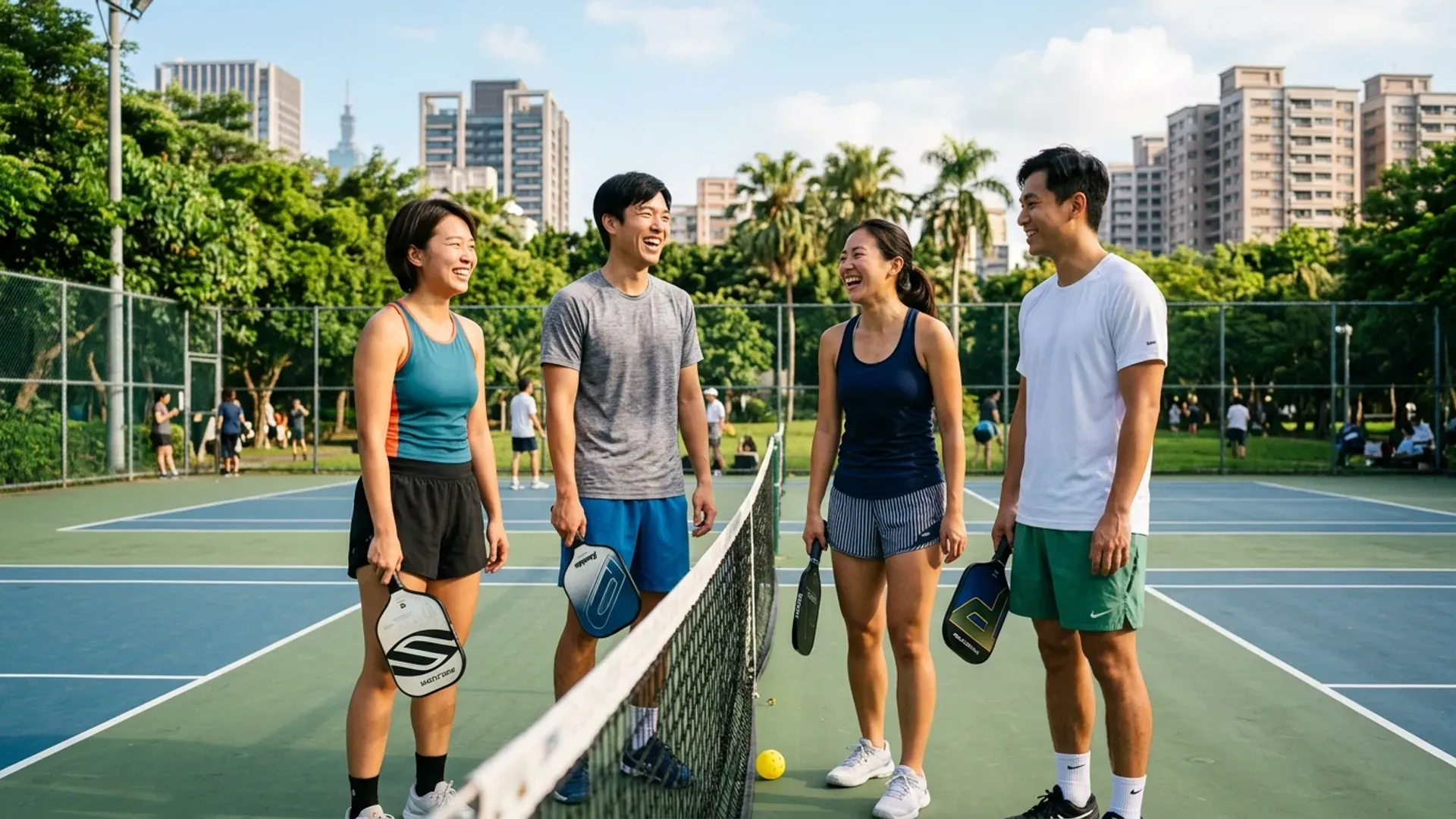 四位台灣年輕人在台北城市公園的匹克球場上，賽間各自握著球拍隔網歡笑聊天，背景為台北市區與其他球場