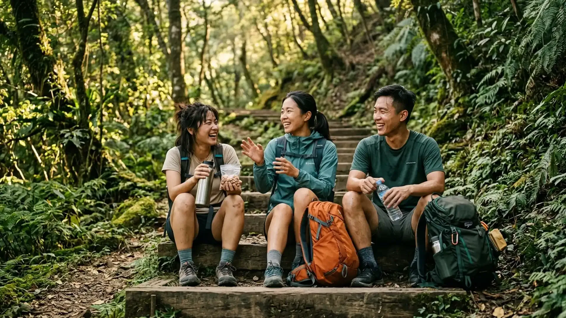 三位台灣年輕人健行後坐在森林步道木階上休息聊天歡笑，分享保溫杯與零食，背景是陽光灑落的亞熱帶綠林