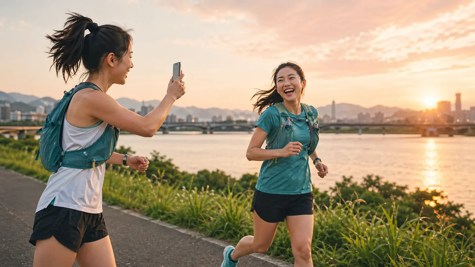 兩位東亞女性朋友在台北河濱於黃昏時分跑步互相拍攝活動照片，捕捉真實運動瞬間