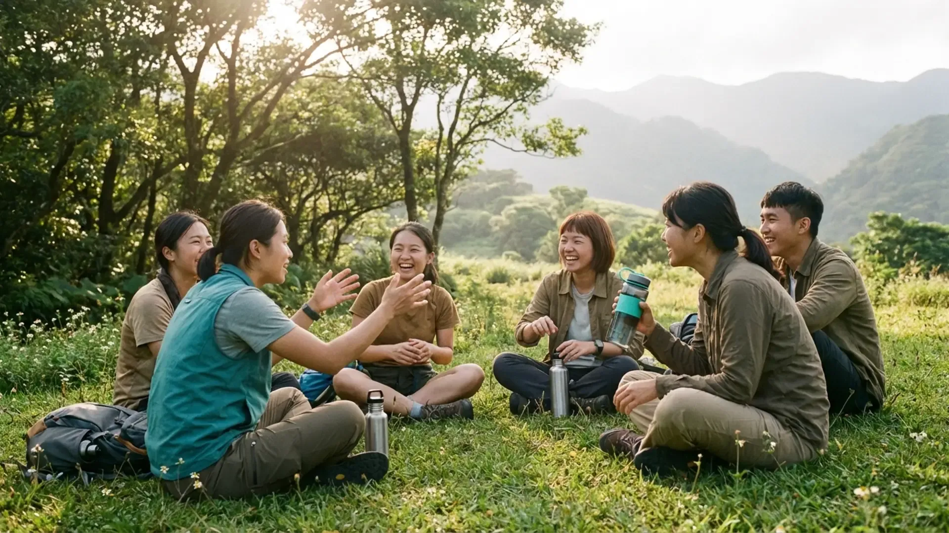 一群年輕亞洲朋友在台灣山丘上圍坐討論，健行後自然互動的溫馨場景