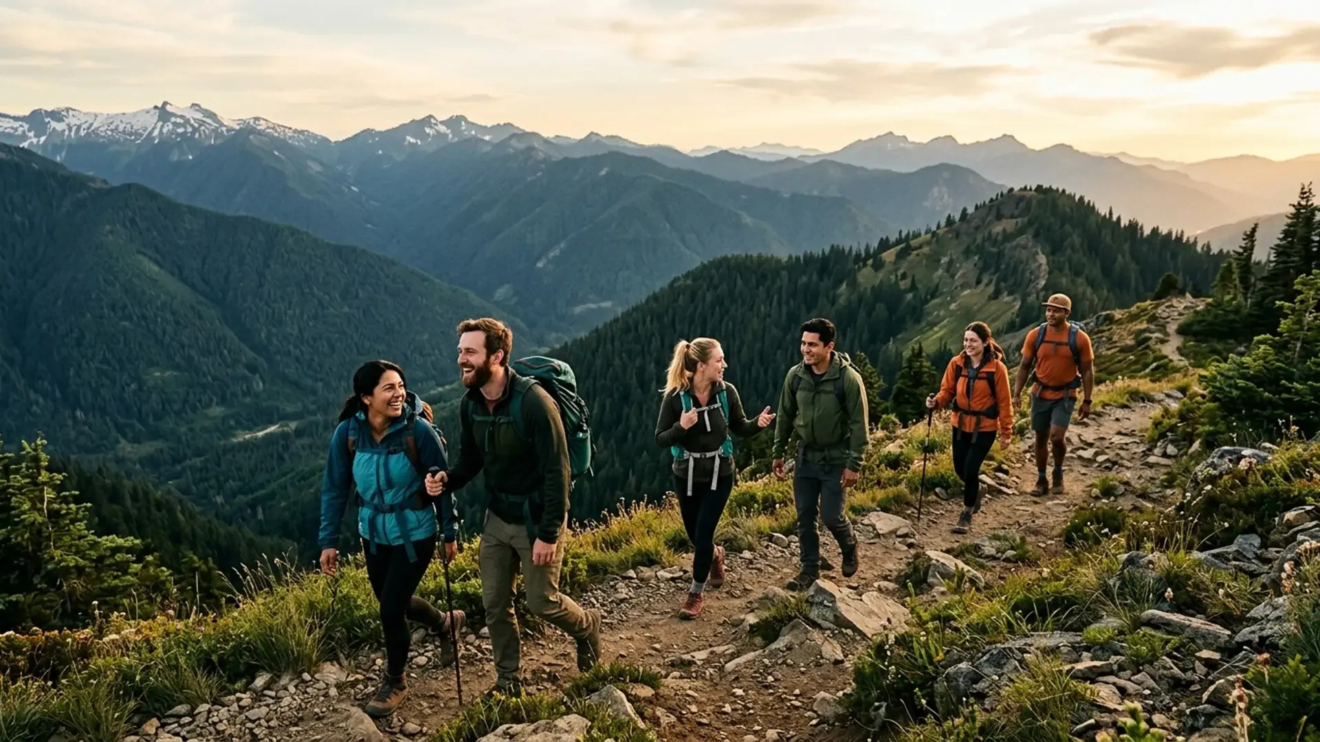 Group of six diverse hikers walking along a Pacific Northwest mountain ridge at golden hour