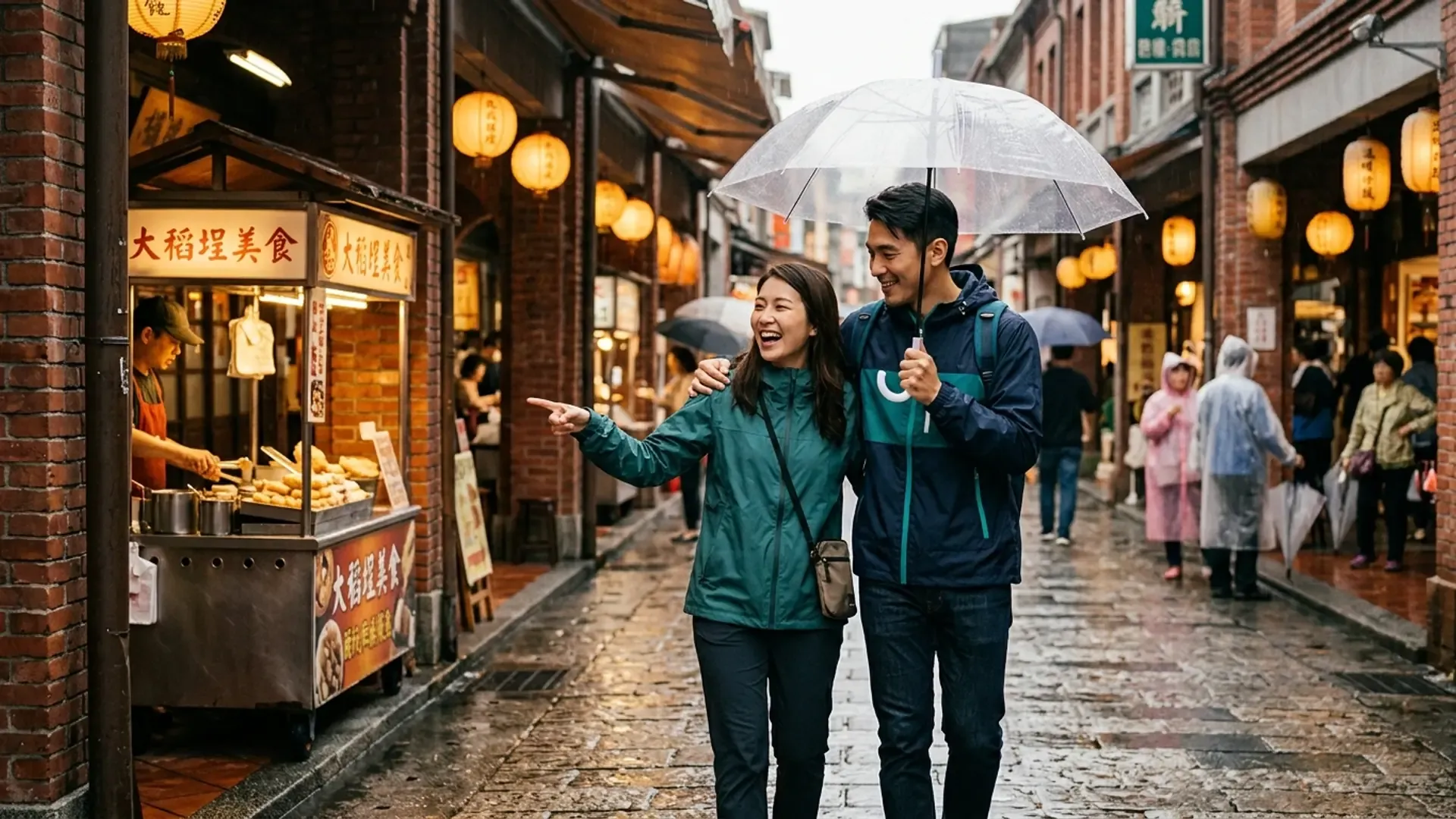 一對年輕情侶在台北大稻埕老街騎樓下共撐透明傘散步，雨天約會氛圍溫馨浪漫