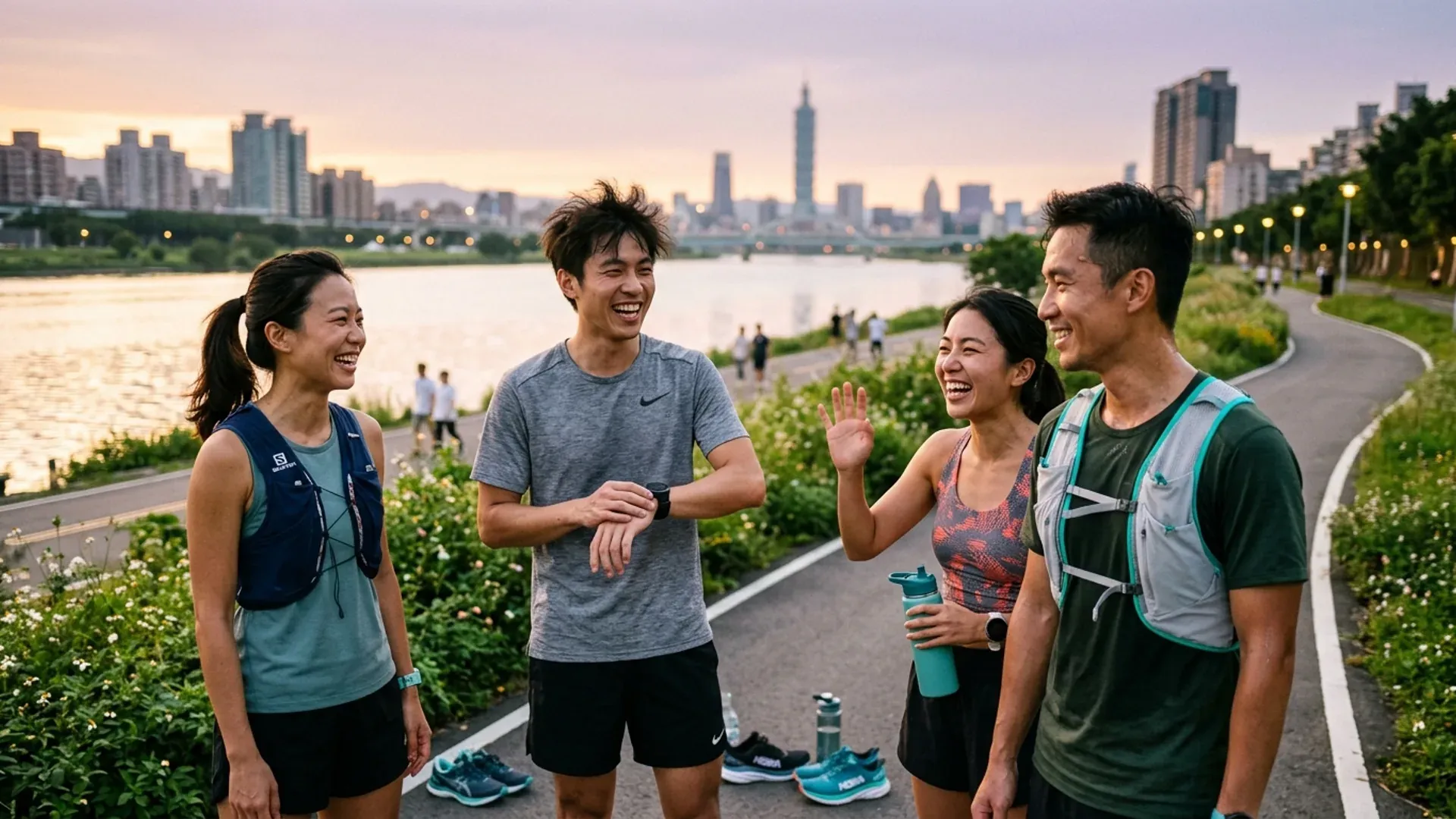 台北河濱黃昏 4 位年輕跑友 social run 跑完聚在一起聊天，穿著不同品牌跑步裝備（呼應跑步 App 評比），背景是 101 大樓
