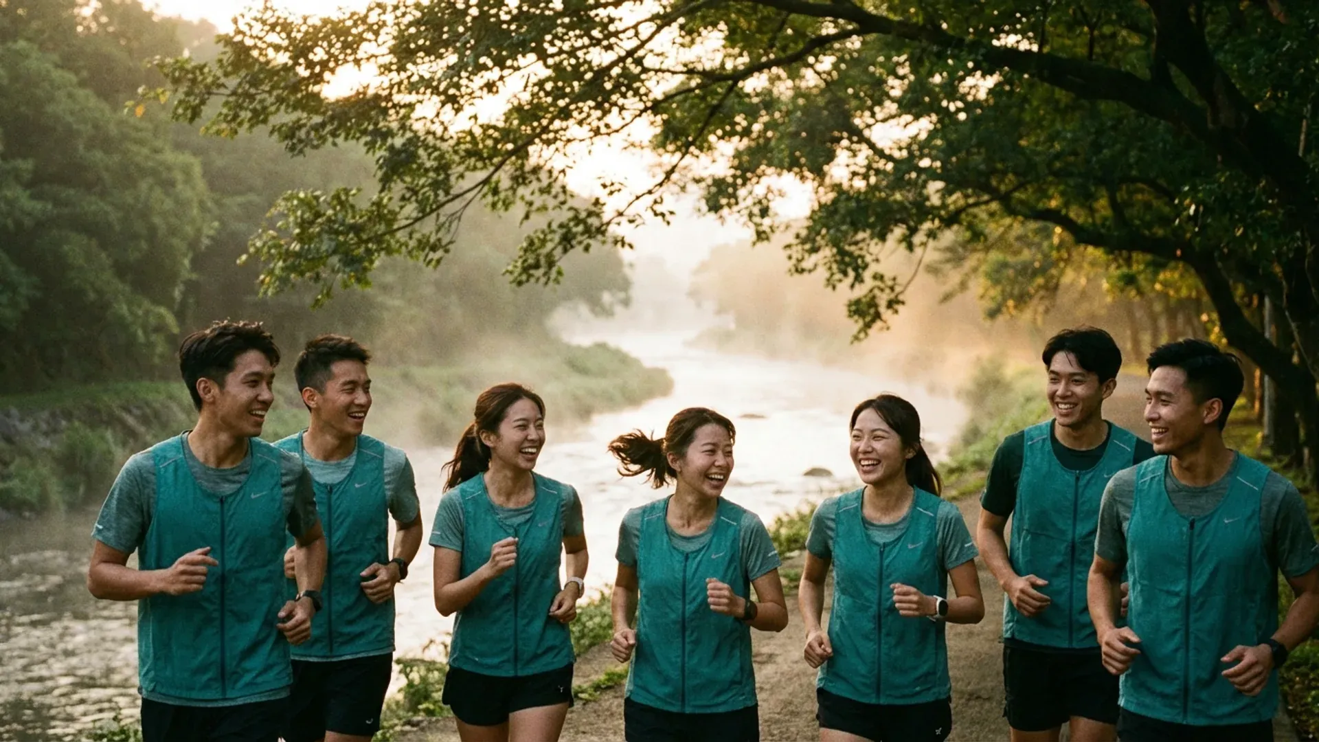 一群穿著青綠色跑衣的年輕亞洲跑者在河濱步道上開心地並肩慢跑，晨光灑落