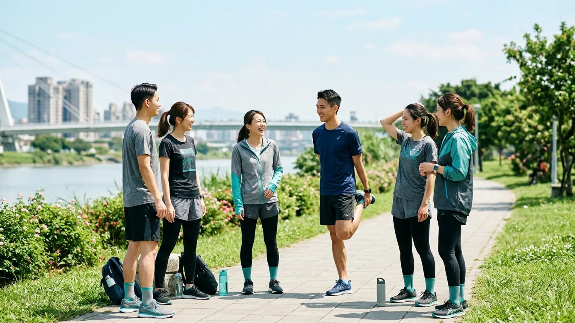六位年輕台灣跑者在台北河濱公園明亮日光下集合暖身、自然交談，公開戶外的群體見面場景