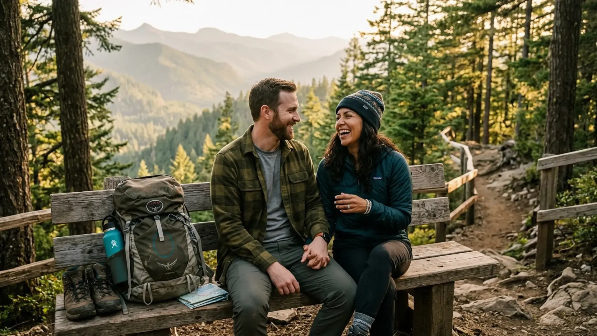 A couple in their late 30s laughing together on a trail bench at a forest overlook after a hike, backpack and water bottle beside them