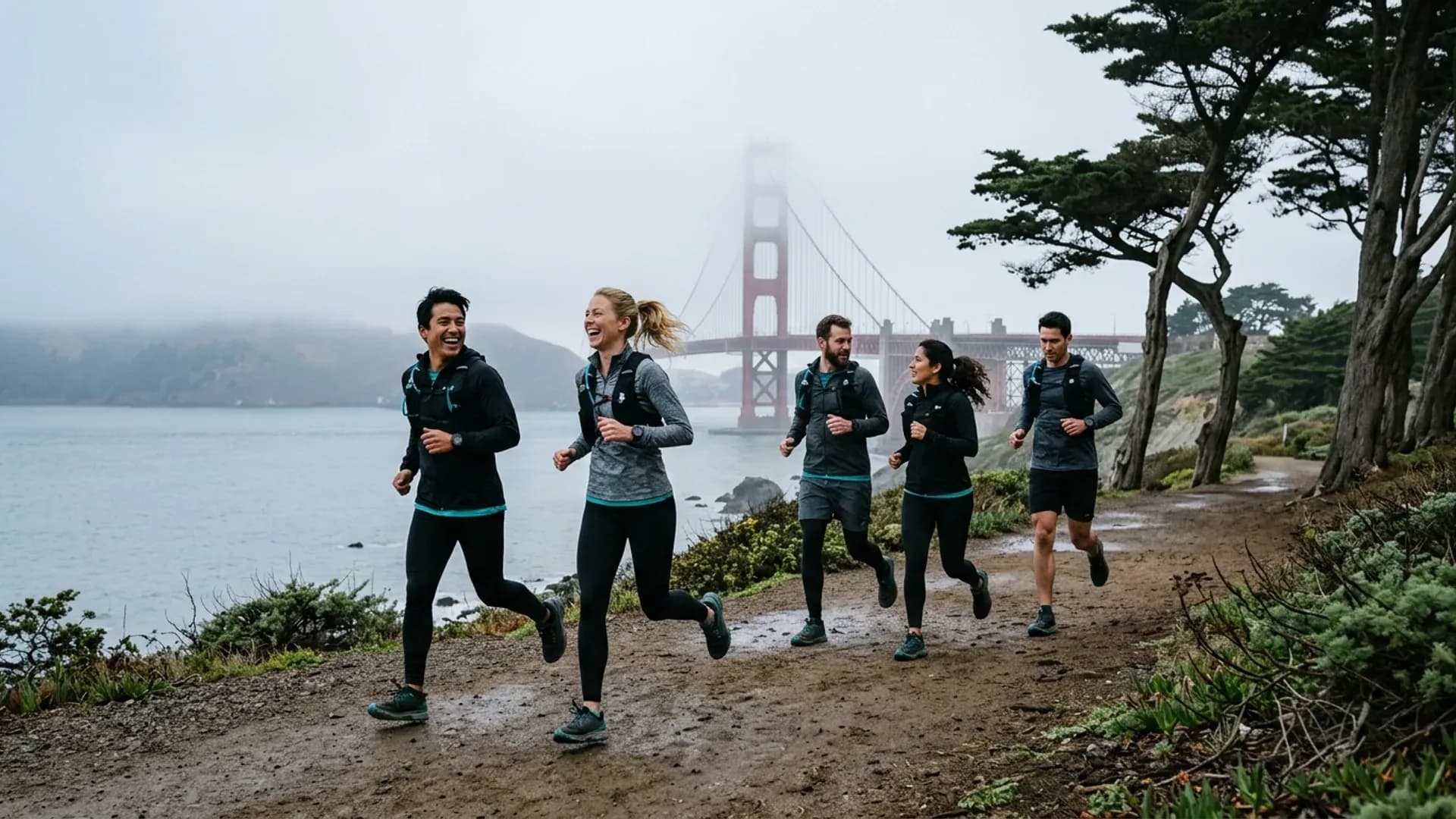 Five runners of diverse ethnicities on a foggy morning trail run along Crissy Field with the Golden Gate Bridge in the background, San Francisco