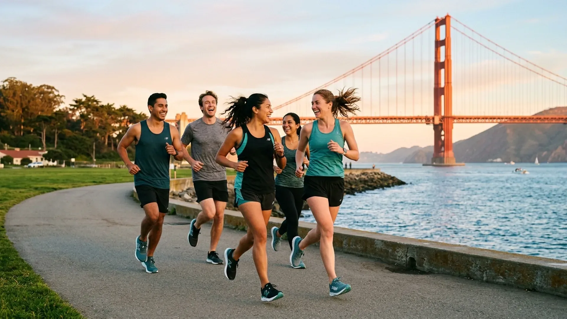 A diverse group of friends running together along the Crissy Field promenade in San Francisco at golden hour, with the Golden Gate Bridge in the background — capturing the activity-first social culture replacing dating apps in SF