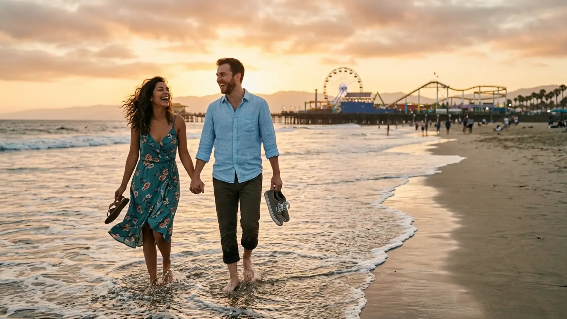 Couple walking barefoot on Santa Monica Beach at sunset with the Santa Monica Pier and Ferris wheel in the background