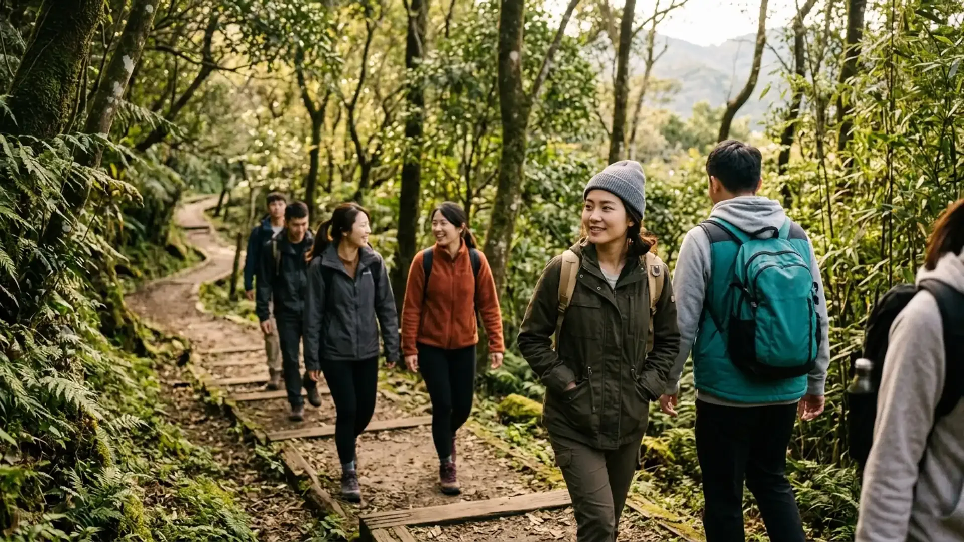 一群年輕亞洲人在陽明山步道上健行，其中一位安靜地走在隊伍後方微笑觀察，溫暖陽光穿透亞熱帶森林