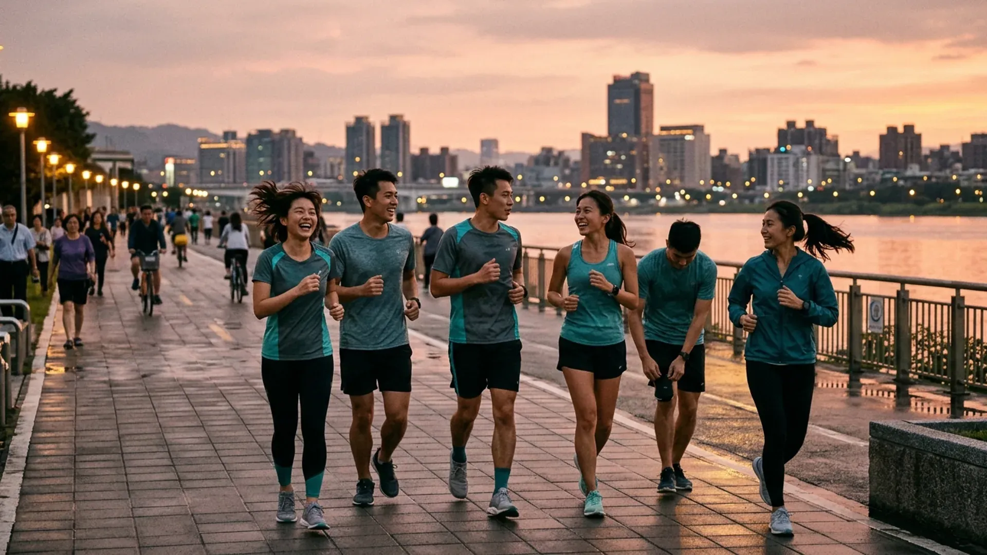 一群 6 位台灣跑者在大稻埕河岸夕陽下並肩慢跑，邊跑邊笑邊聊，呈現 social run 社交跑團的輕鬆氛圍