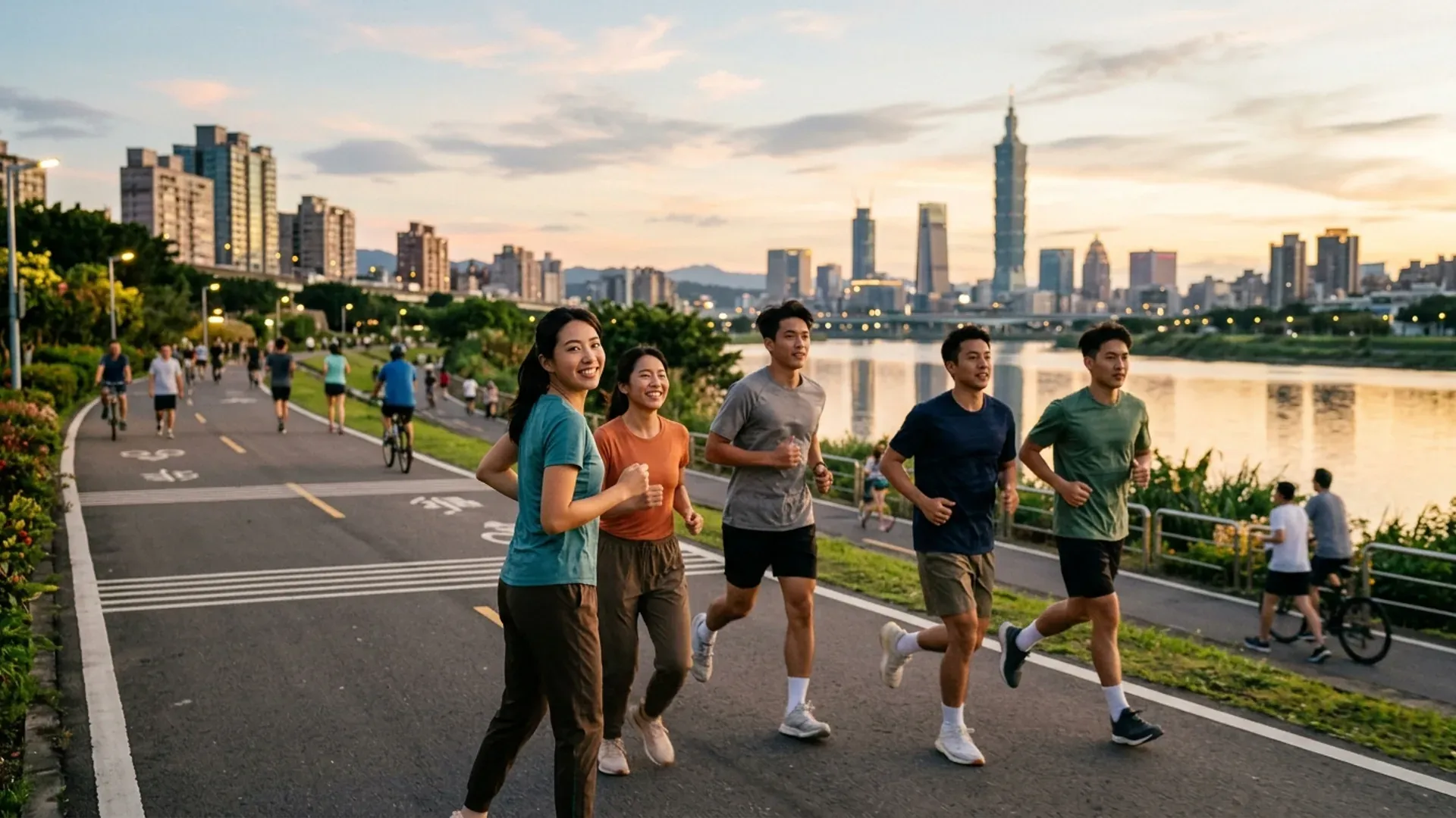 5 位台灣 20-30 歲跑者在台北河濱黃昏時並肩慢跑，背景台北 101 城市天際線，呈現 social run 全球文化落地台灣的場景