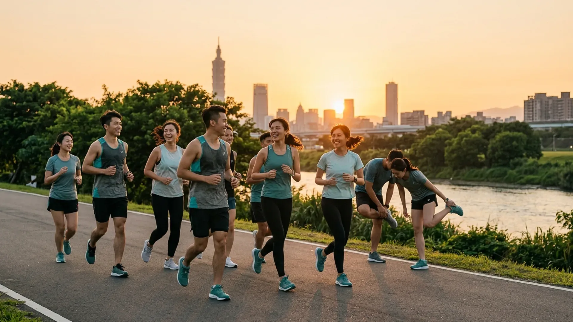 一群亞洲年輕人在大佳河濱黃昏跑團，台北101背景