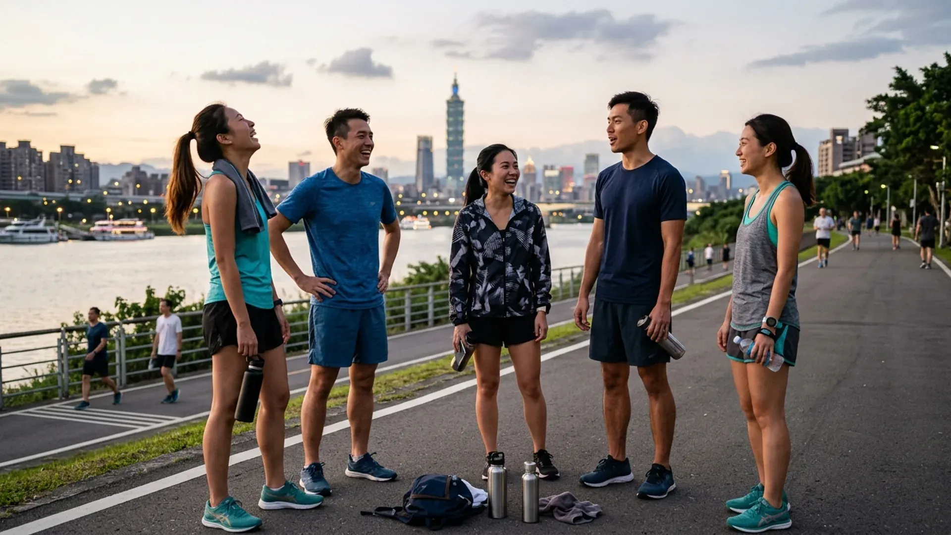 五位年輕人跑完步後站在台北河濱步道旁聊天說笑，腳邊放著水壺和背包，遠方是黃昏的台北市景與 101