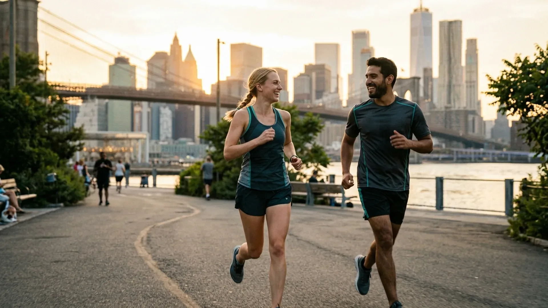 Two runners share a brief glance running side by side along the Brooklyn waterfront at golden hour, with the Manhattan skyline behind them