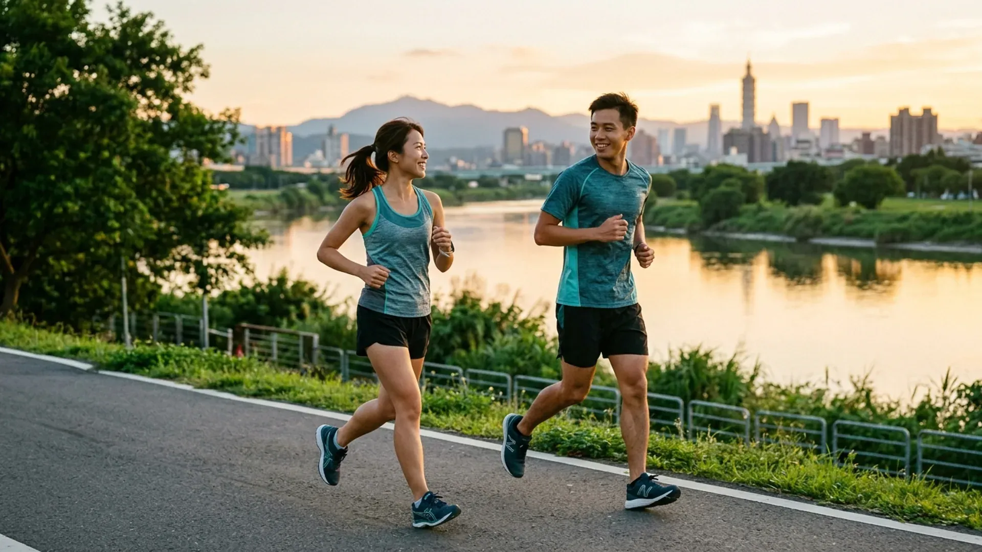 一對台灣跑者在大佳河濱夕陽下並肩慢跑相視而笑，遠景是淡水河與台北 101 城市天際線