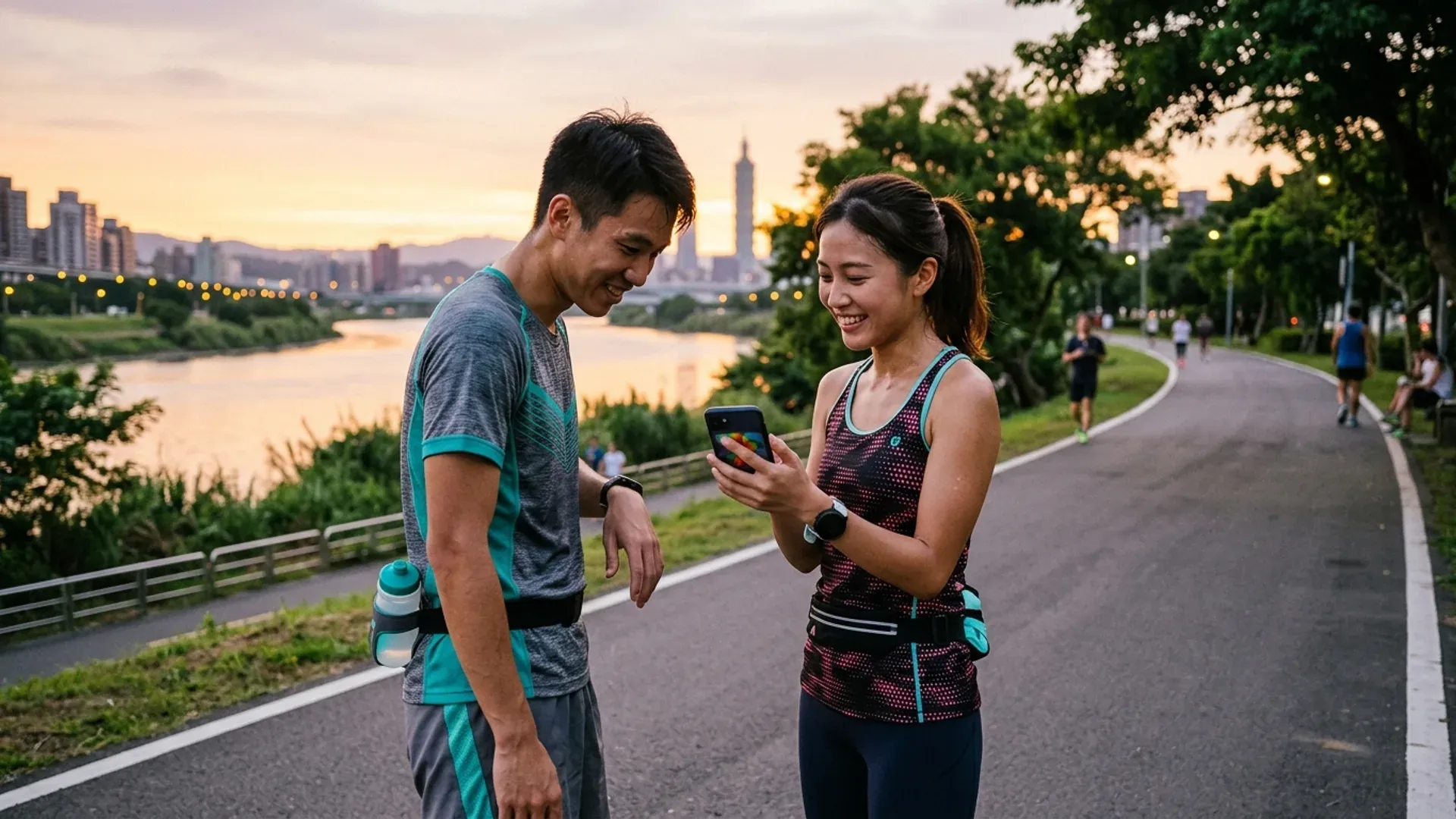 台北河濱黃昏 2 位東亞跑者跑完後分享手機上的跑步紀錄 App 畫面，呼應 Strava 入門指南主題，背景是 101 大樓