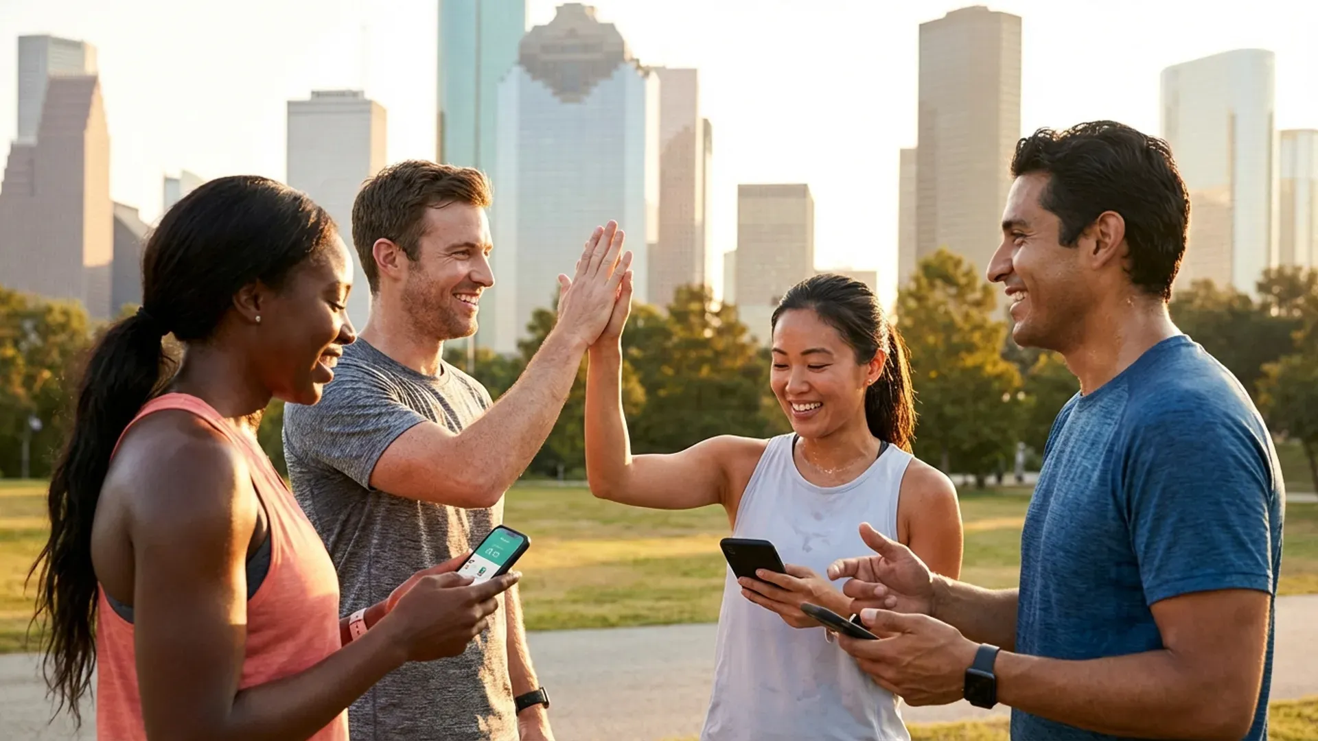 一群多元背景的跑者在美國公園跑步後查看 Strava，互相擊掌微笑