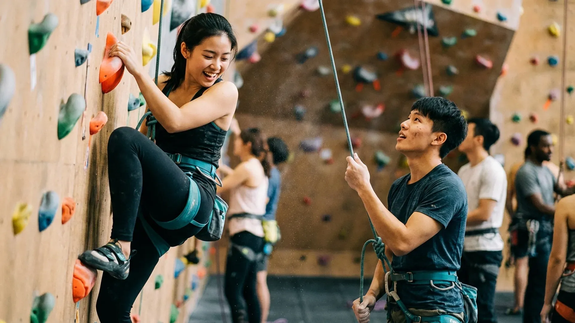 一對年輕亞洲情侶在攀岩館裡，女生攀在岩壁上開心大笑，男生在下方確保繩索仰望她