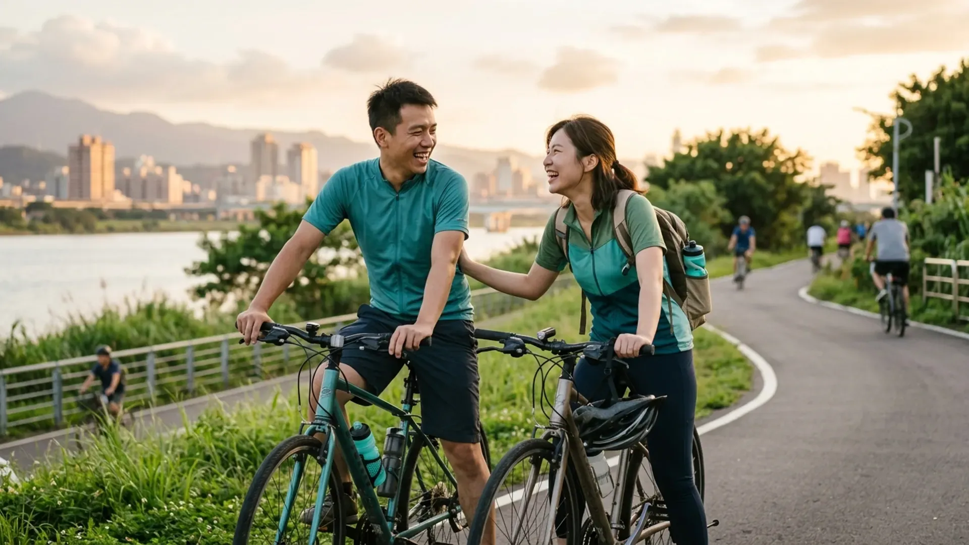 一對 30 歲左右的台灣情侶在台北河濱自行車道騎車途中停下來，牽著單車面對面開心大笑，背景是黃昏的城市天際線與河流