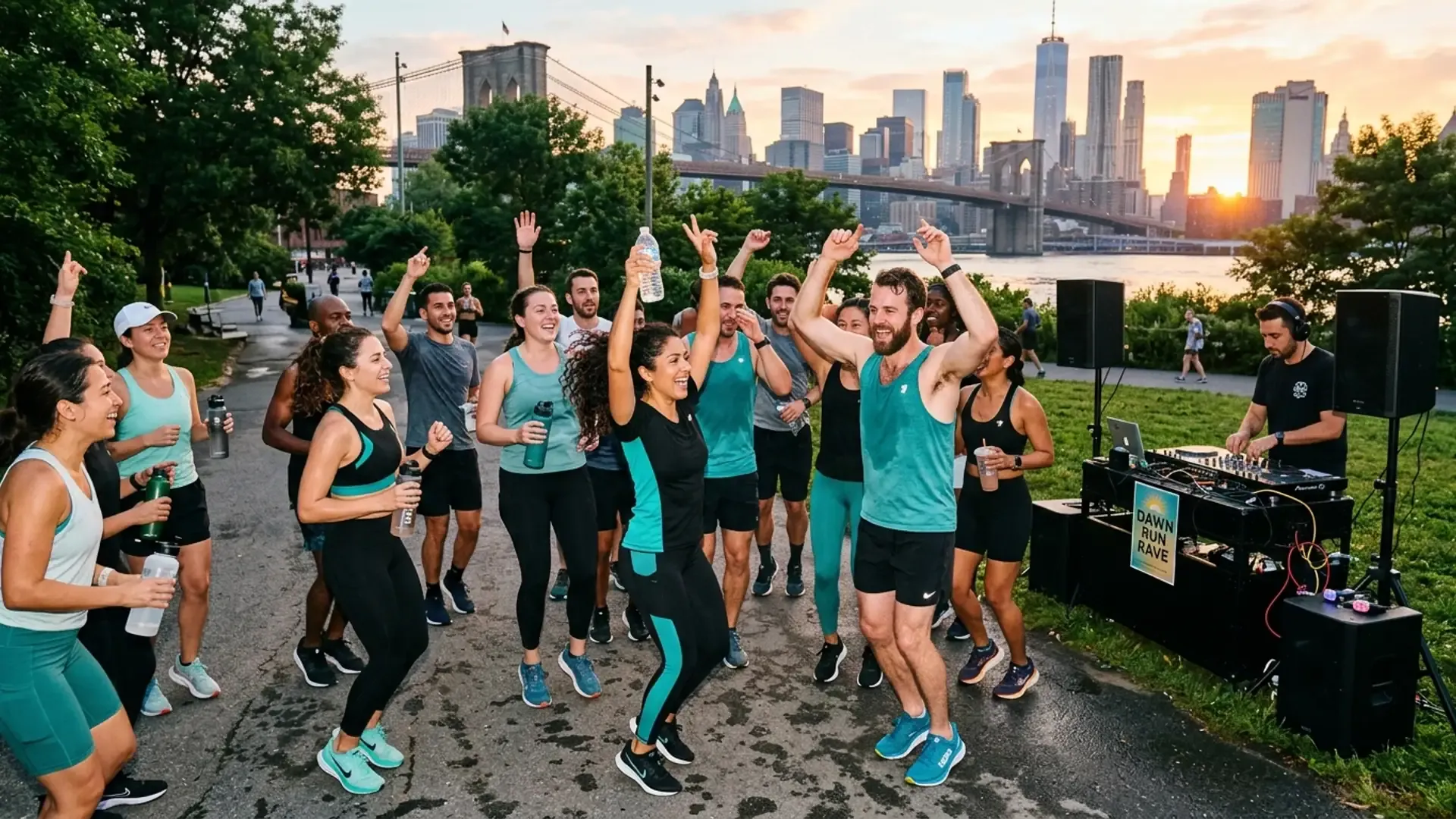 Diverse runners dancing post-run at a Brooklyn waterfront run rave with DJ booth and sunrise glow