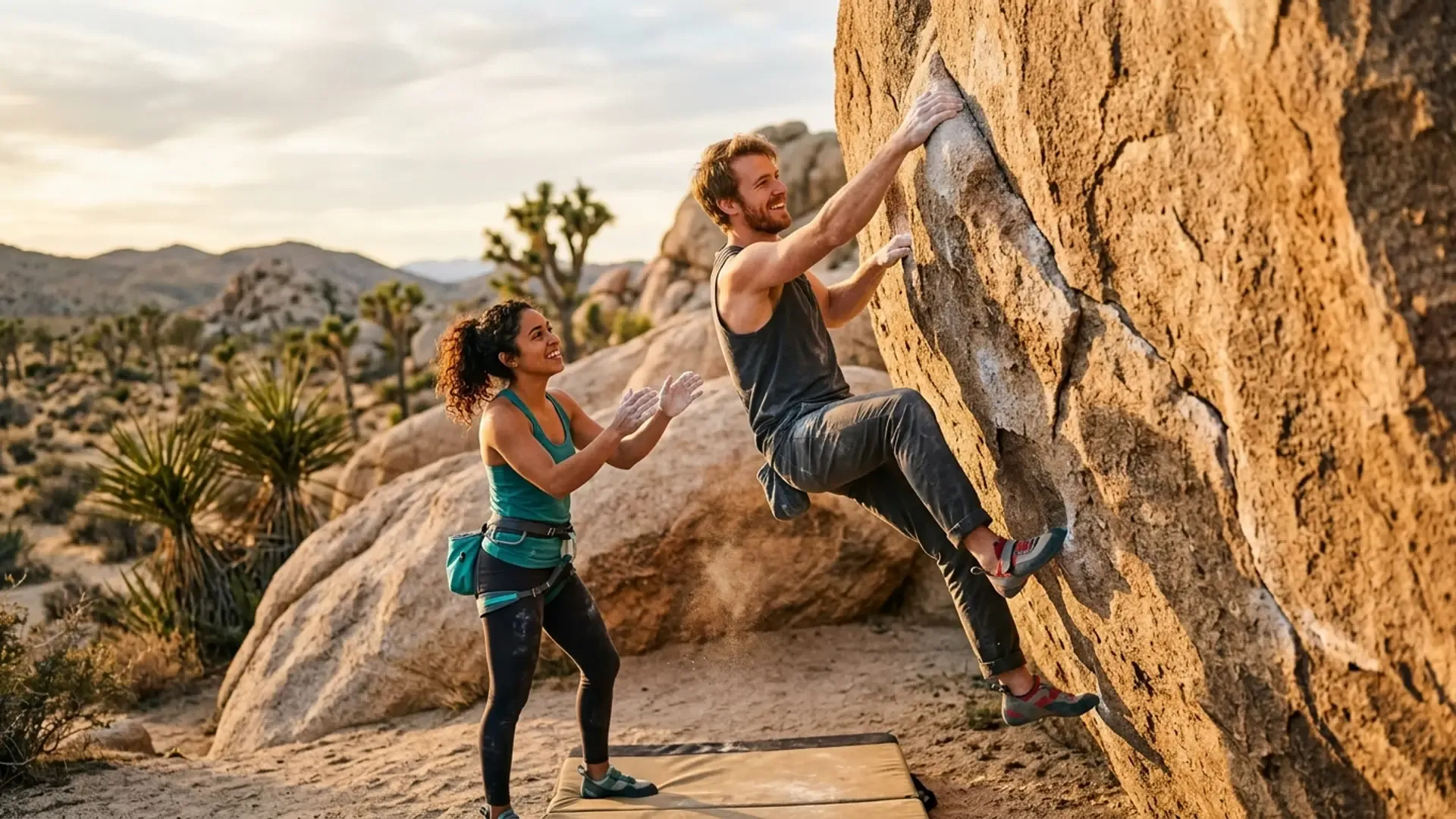 Latina woman spotting her Caucasian partner bouldering at Joshua Tree National Park during golden hour
