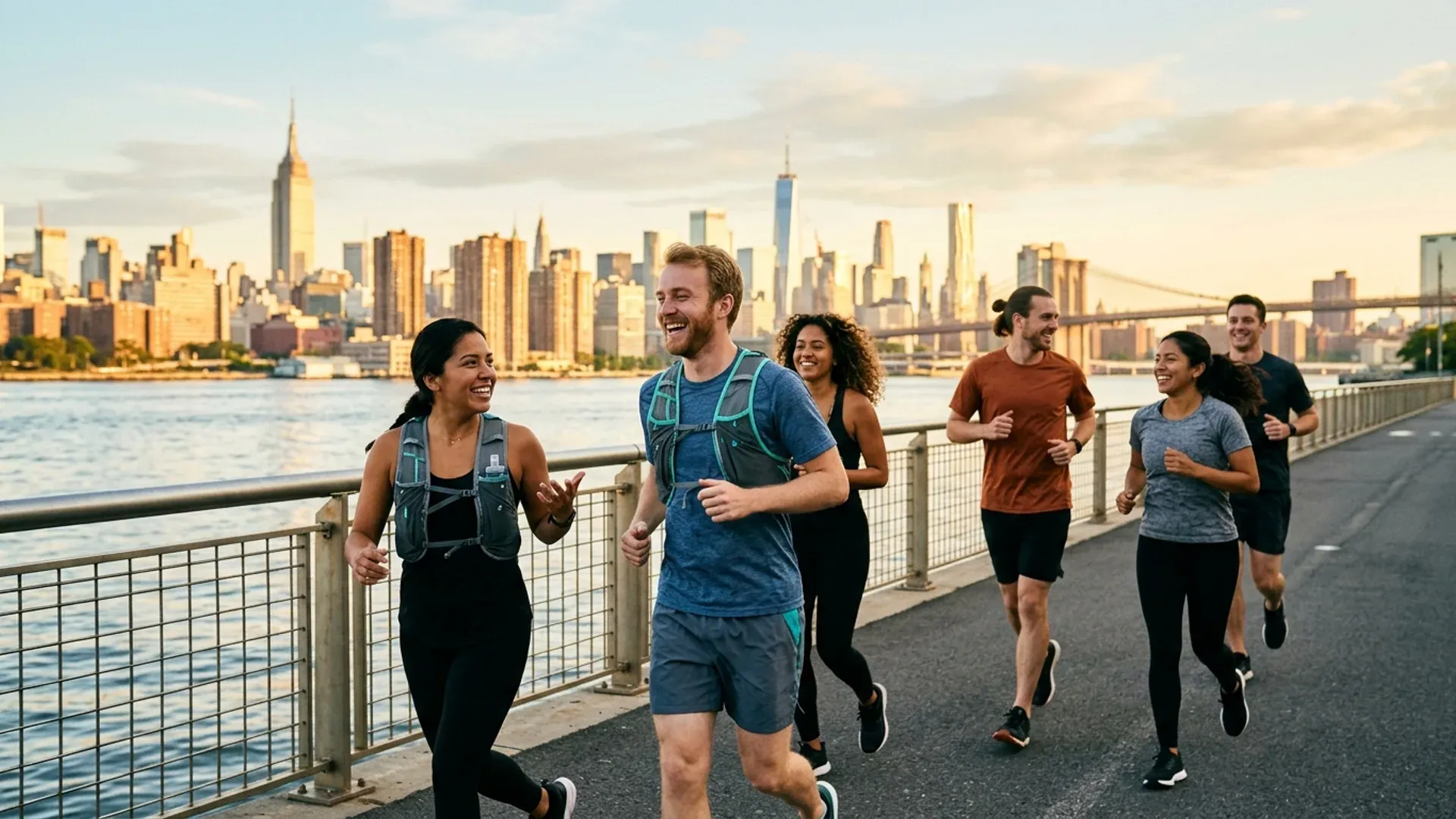 Diverse group of friends running along the East River waterfront in Brooklyn at golden hour, Manhattan skyline in background
